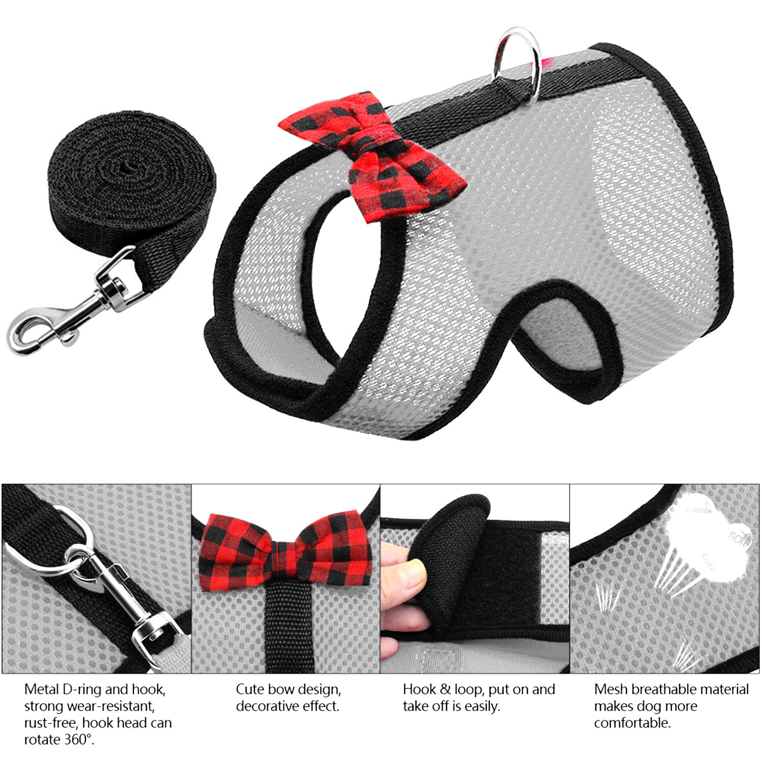 Rypet Small Animal Harness And Leash - Soft Mesh Small Pet Harness With Safe Bell, No Pull Comfort Padded Vest For Small Pet Gra