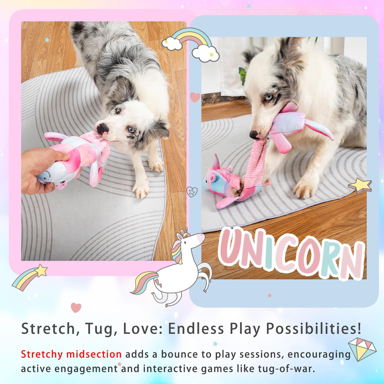 Lilfrd Squeaky & Crinkle Dog Toys, Plush Unicorn, Tug Of War & Pull Toys For Small & Medium Dogs