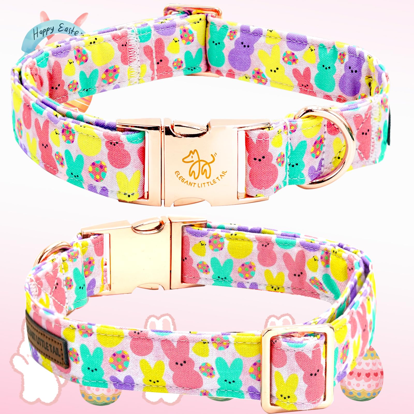 Elegant Little Tail Pink Bunny Print Dog Collar, Adjustable X-Small Puppy Collar With Removable Flower Bow, 8-12 Inches