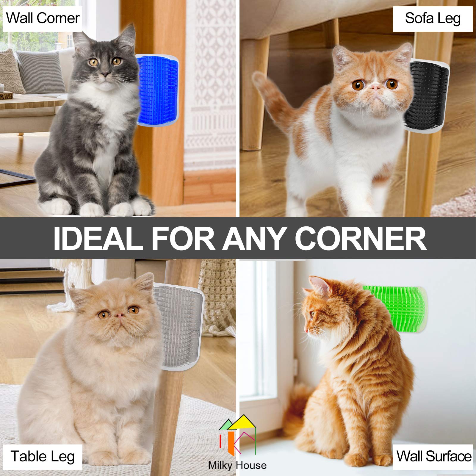 Self Groomer For Cats - 4Pack Slicker Brushes, All-In-One Grooming Tool With Wall Corner Scratcher, Trimmer, Massage Combs For Short & Long Fur Pets