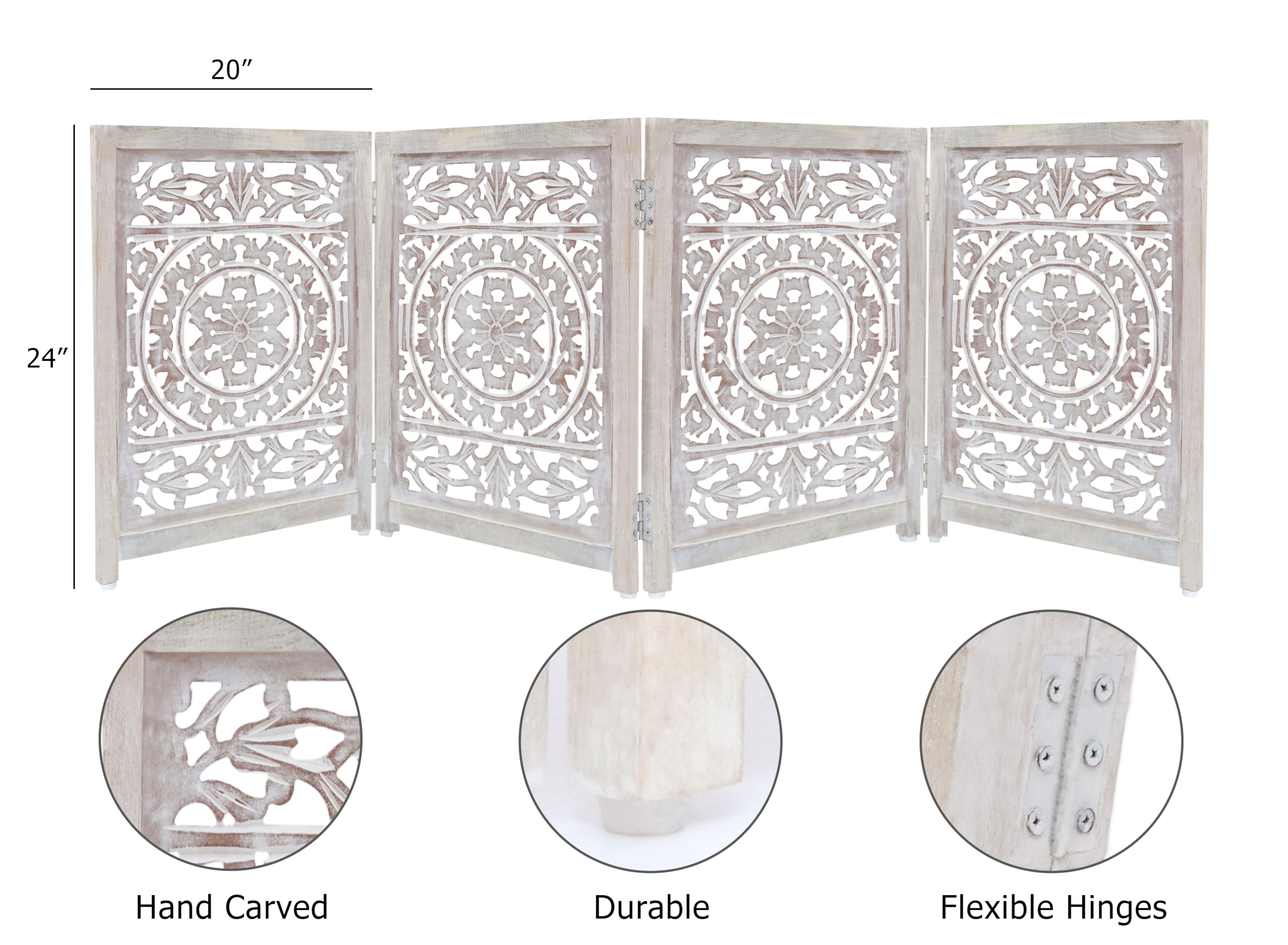 Wooden Foldable Pet Dog Safety Gate - 3 Panel 20'' W X 24'' H - Hand Carved Suzani Free Standing Portable Indoor Puppy Gate - Do