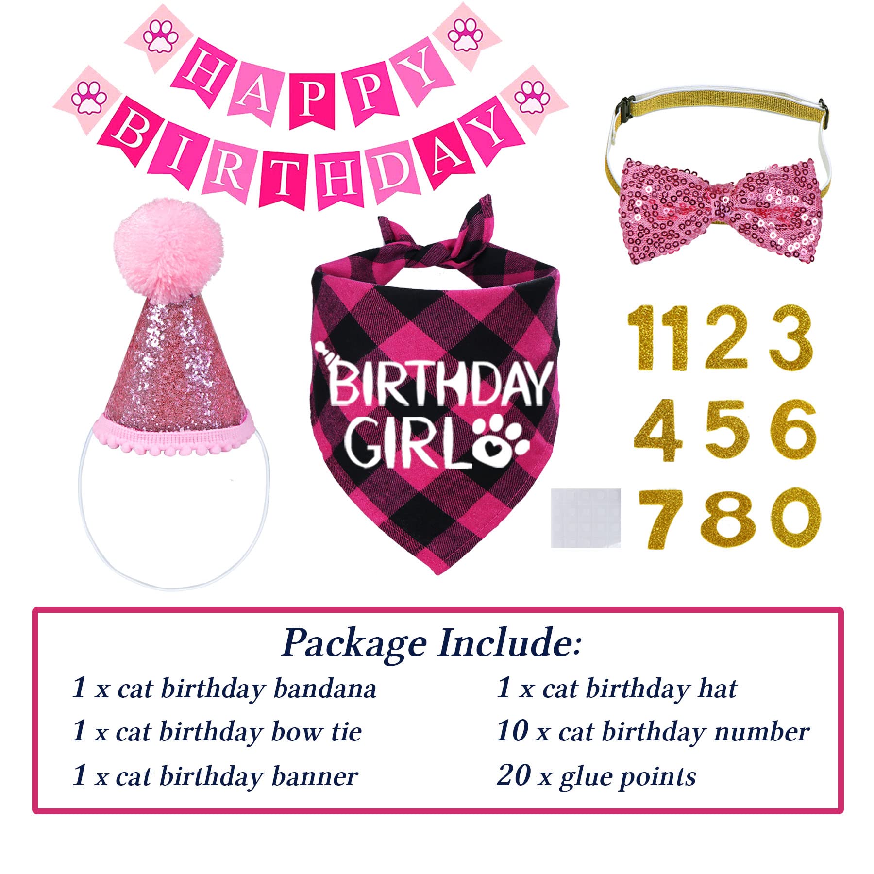 Stmk Cat Birthday Party Supplies, Cat Birthday Hat With Cat Birthday Bandana Bow Tie Collar Birthday Number Banner Cat Birthday Decorations For Cat Kitten Birthday Outfits (Pink)