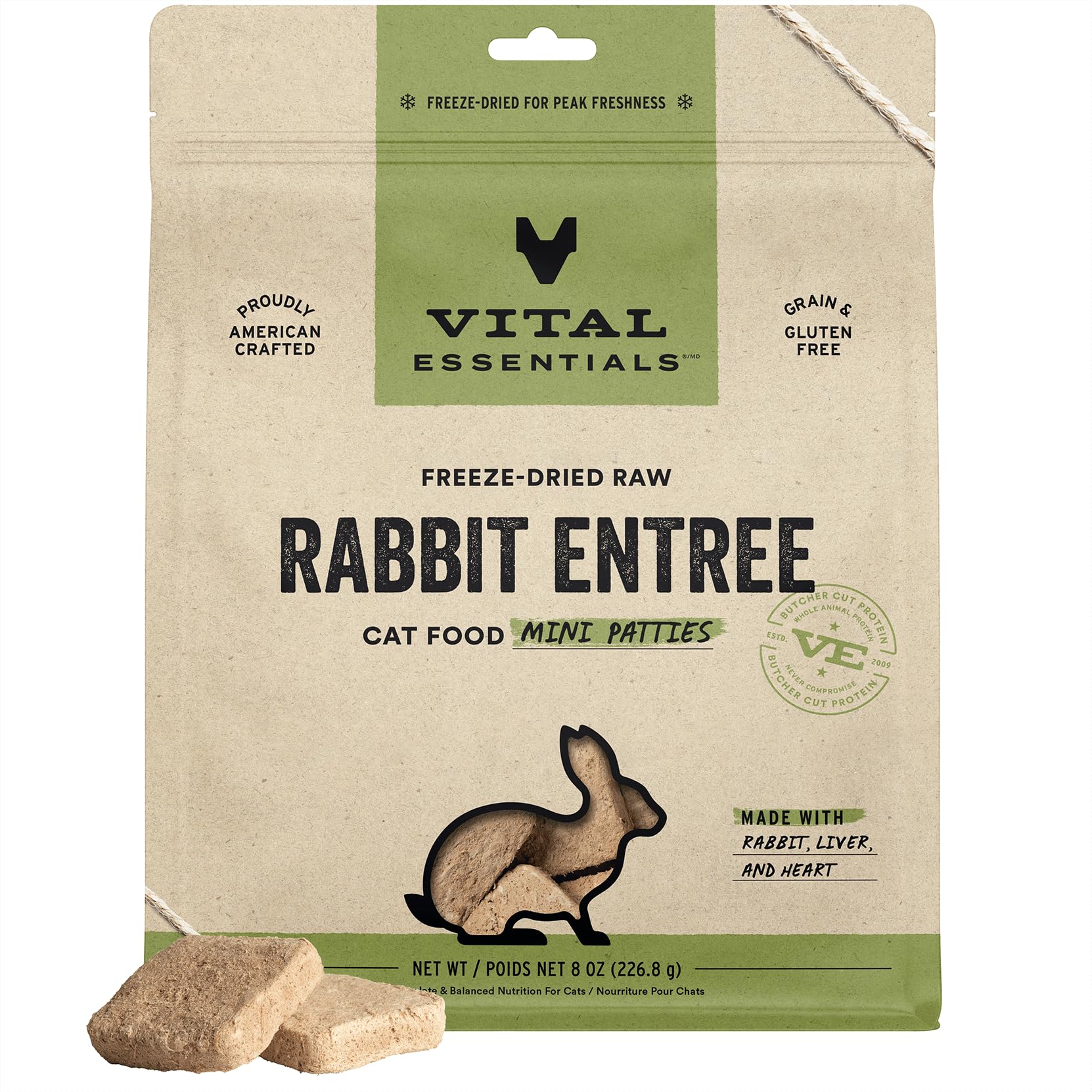 Vital Essentials Freeze Dried Raw Cat Food, Rabbit Mini Patties Entree, 8 oz