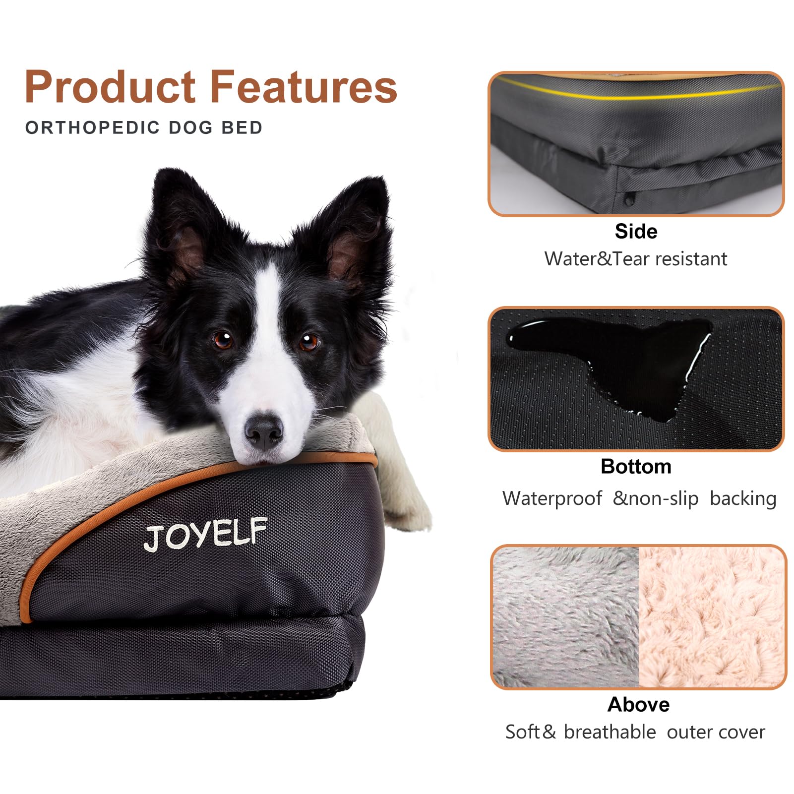 JOYELF Medium Orthopedic Dog Bed - Gray Memory Foam with Removable Cover & Squeaker Toy, Model JEB0010