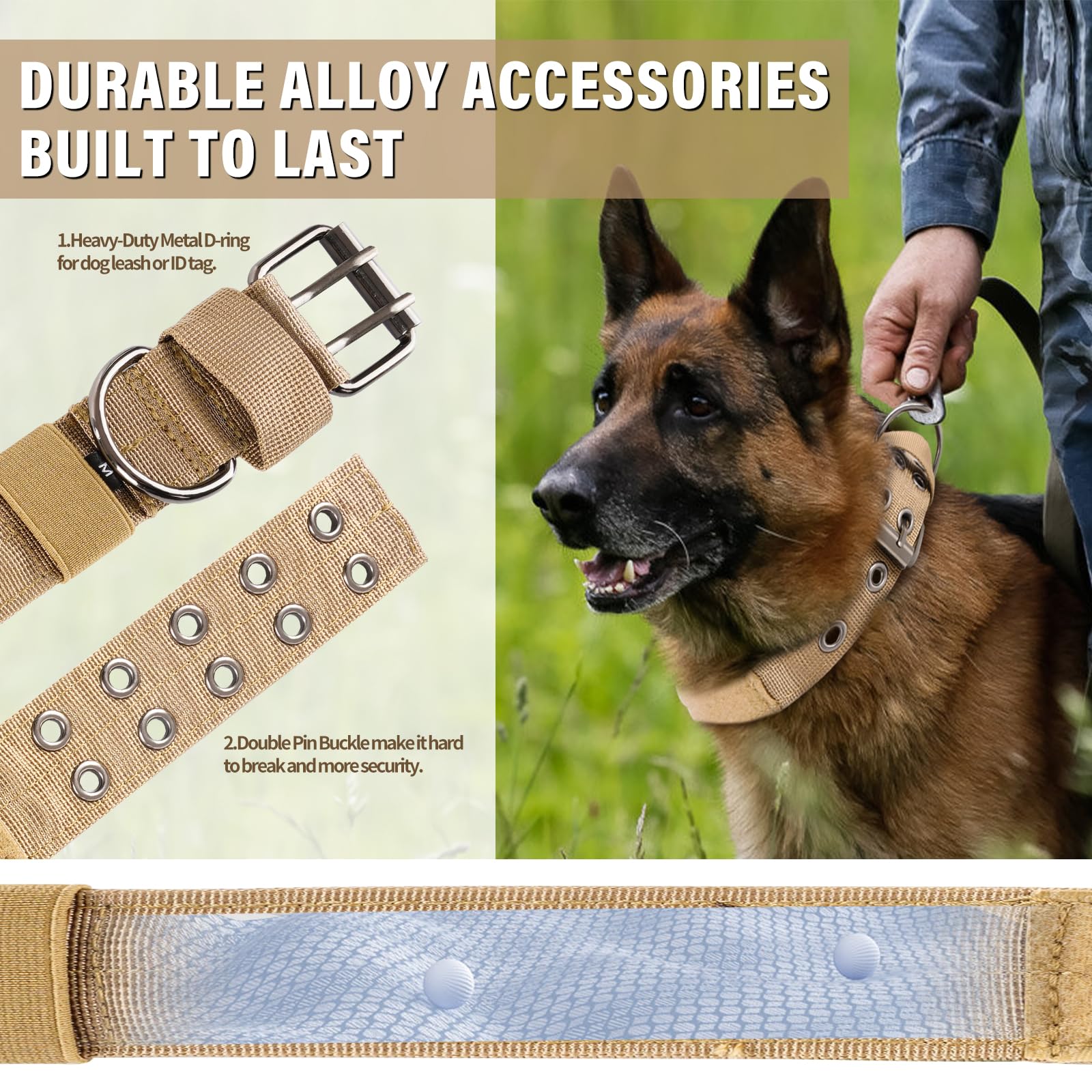 Heavy Duty Tactical Paracord Collar, Metal Buckle And Patches, Ideal For German Shepherd, Pitbull, Rottweiler (Green, L)