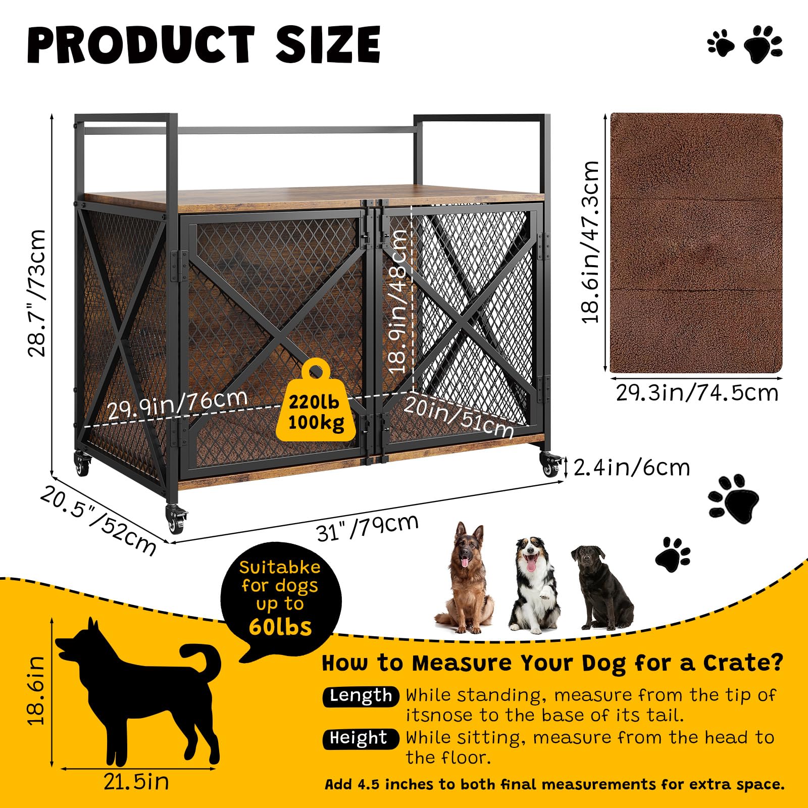 GarveeLife 31 Inch Dog Crate Furniture, Heavy Duty Decorative Dog Cage with Lockable 360 Wheels, Double Door Dog Kennel End Tabl