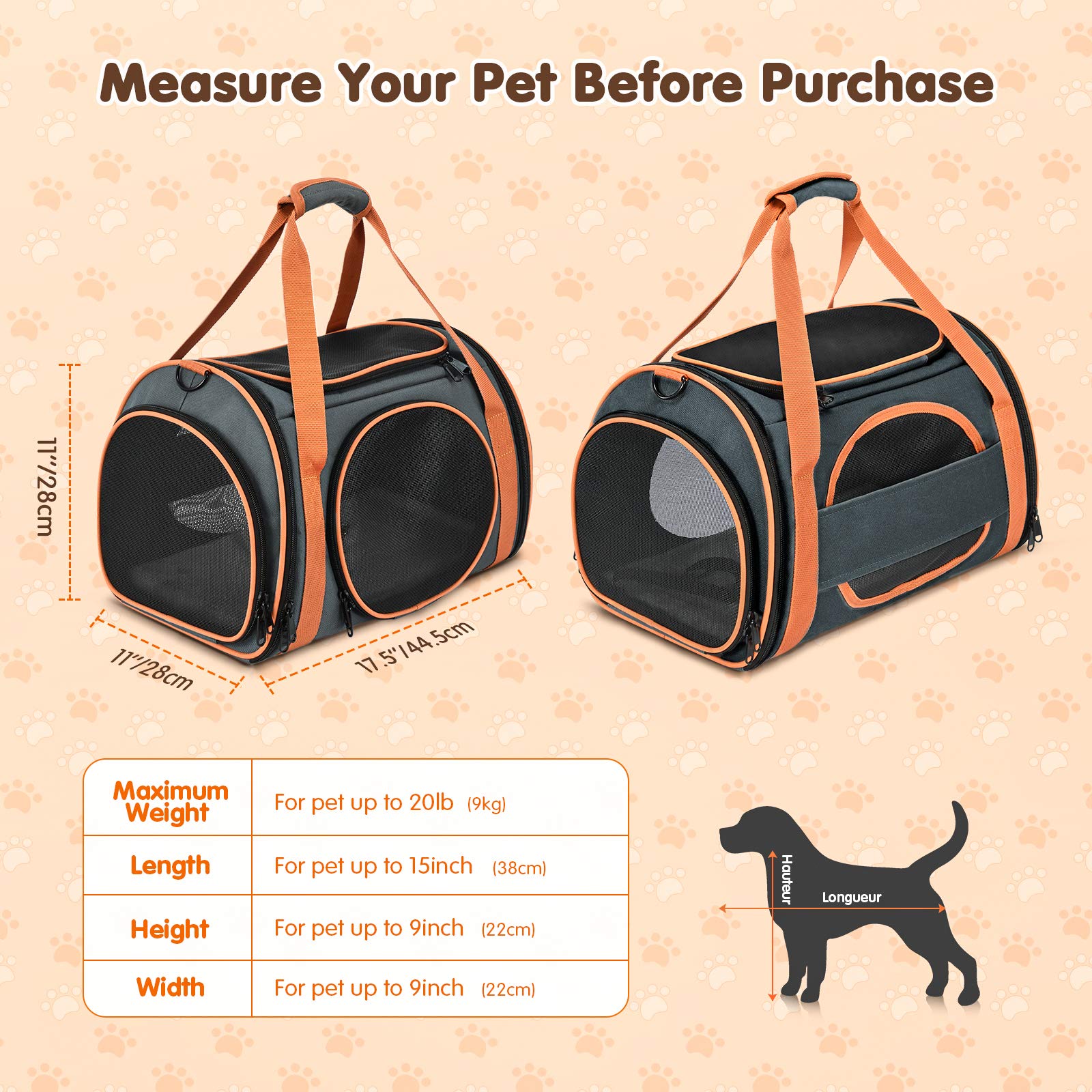 OKMEE Cat Carrier TSA Airline Approved with Ventilation for Small Medium Cats Dogs Puppies, Dog Carrier with Big Space, 5 Mesh W
