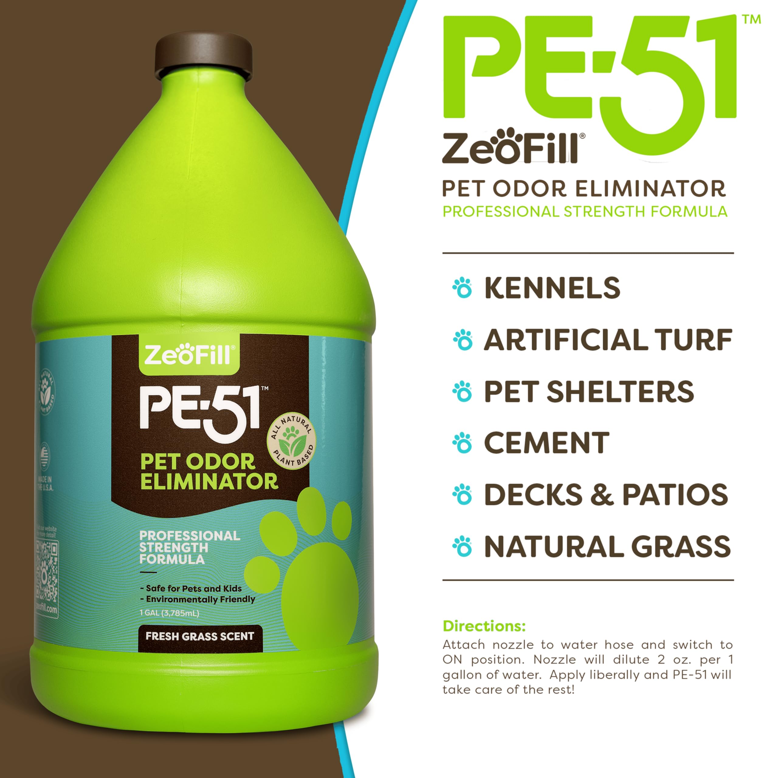 Zeofill PE-51 Pet Urine Odor Eliminator - Eco-Friendly Enzyme Cleaner, 1 Gallon, for Dogs & Cats, Outdoor Use