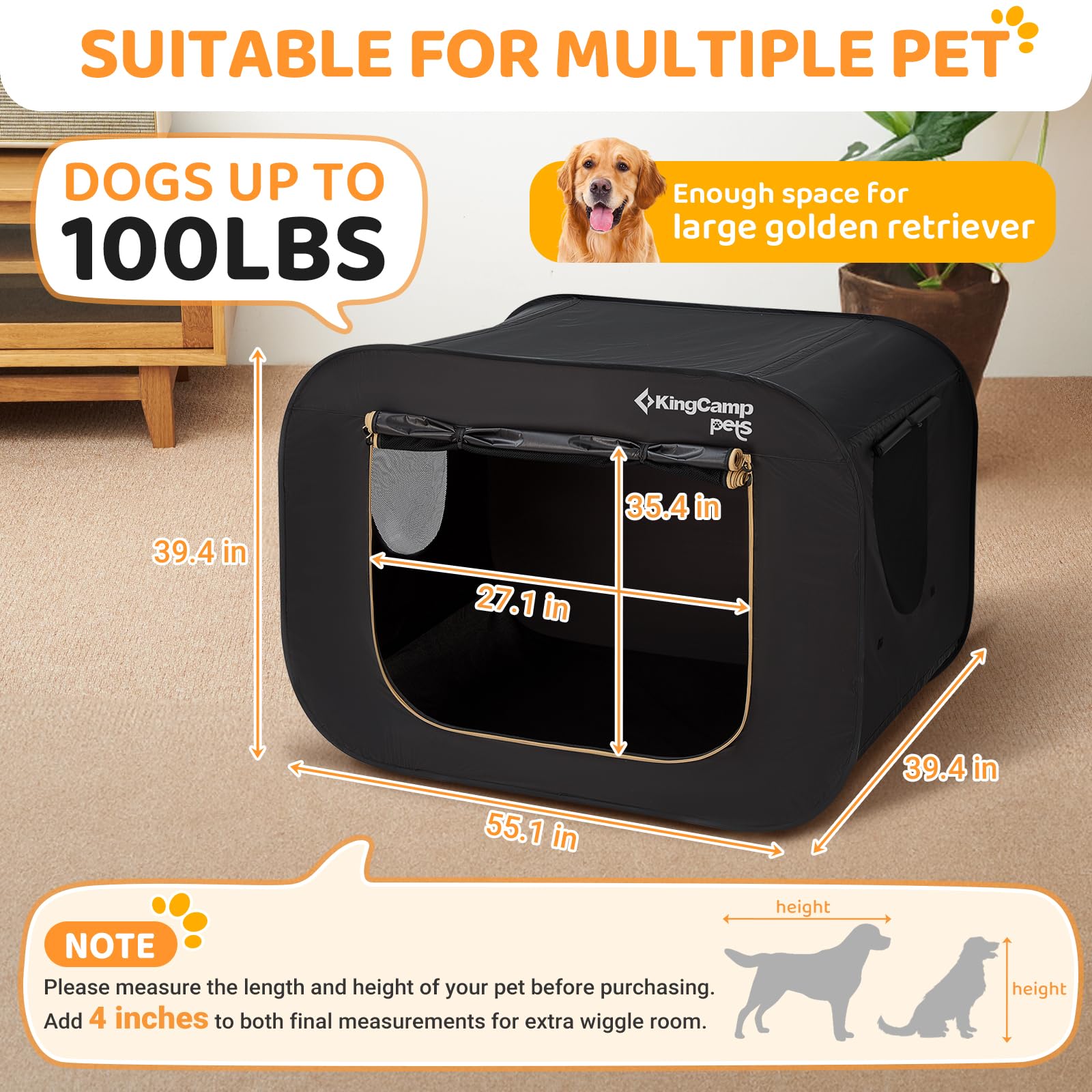 Kingcamp Xxl Dog Crate, Large Collapsible Pop Up Dog Kennel Tent With Durable 600D Oxford Fabric & Breathable Mesh For Indoor Ou
