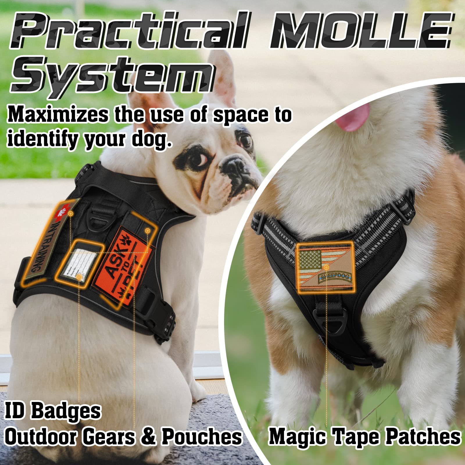 Rabbitgoo Dog Harness No Pull, Military Dog Harness Medium Sized Dog With Handle & Molle, Easy Control Service Dog Vest Harness Training Walking, Adjustable Reflective Tactical Pet Harness, Black, M
