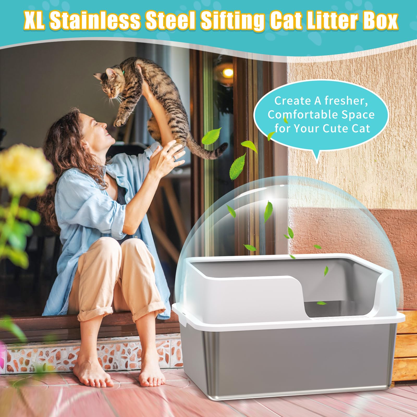 Xl Stainless Steel Sifting Cat Litter Box With Sifting Box & Bottom Pan, Sifting Cat Litter Pan High Side, No Mess, Nnti-Odor, E