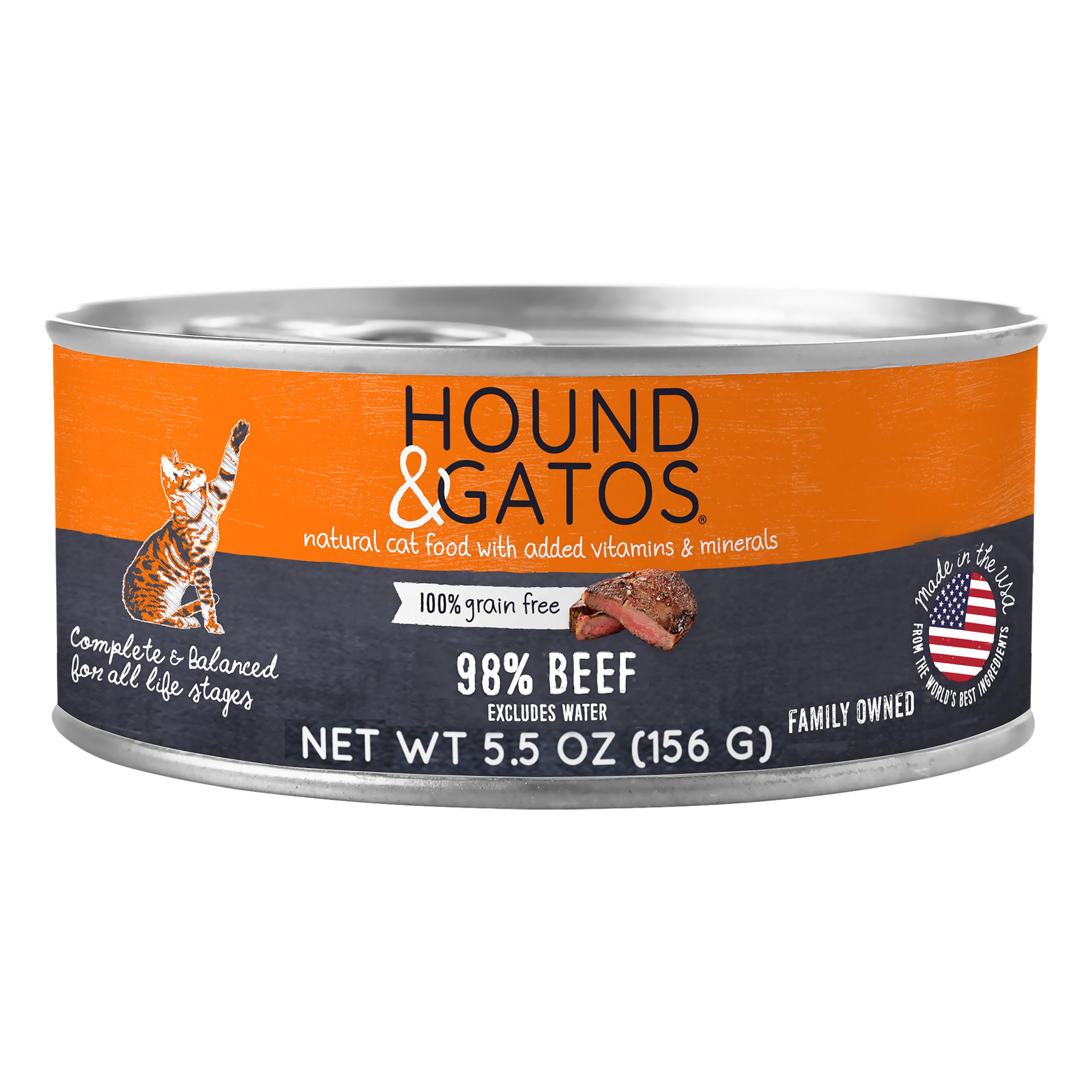 Hound & Gatos Wet Cat Food, 98% Beef, Grain Free Pate Cat Food, Real Meat, High Protein, Limited Ingredients, No Additives, 5.5 