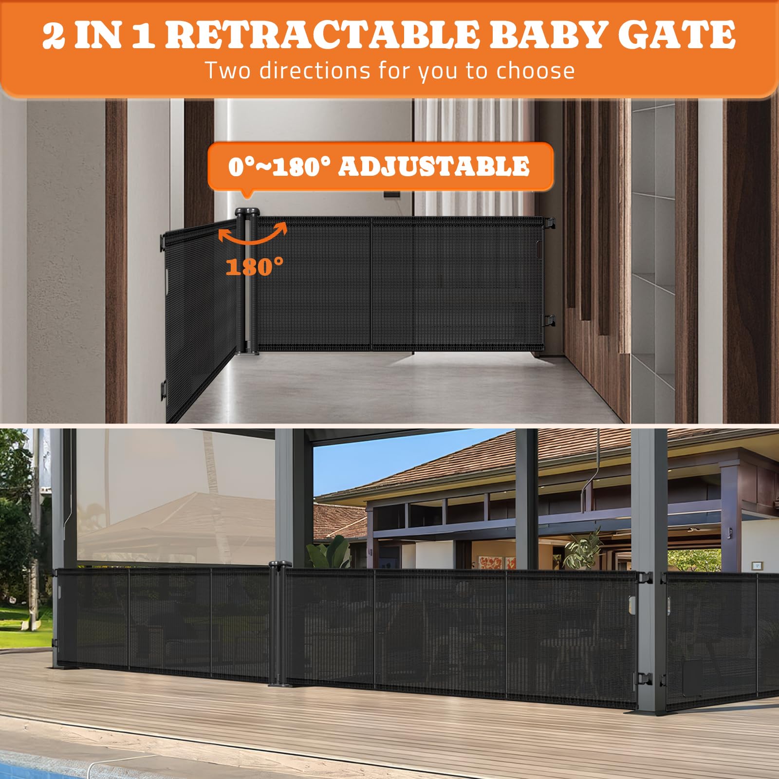 2-in-1 Retractable Baby Gates, 41 Tall Mesh Dog Gate 1-Pack, One Side Up to 200 Wide, Total 400 Wide, Long Retractable Pet Gate