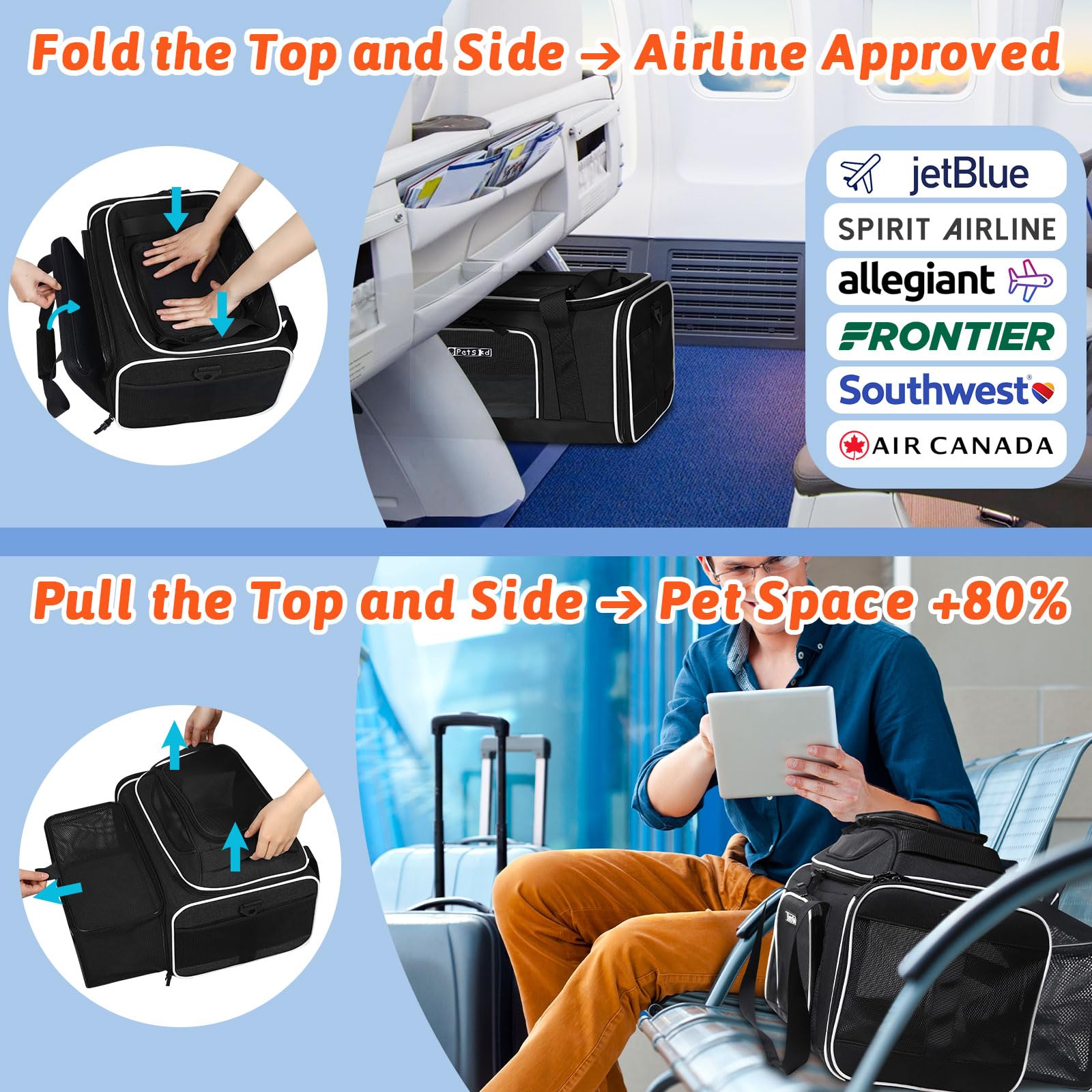 Petskd Top And Side Expandable Pet Carrier 17X12X8.5 Inches Jetblue Frontier Spirit Airline Approved, Soft-Sided Carrier For Small Cats And Dogs With Locking Safety Zipper And Anti-Scratch Mesh(Black)