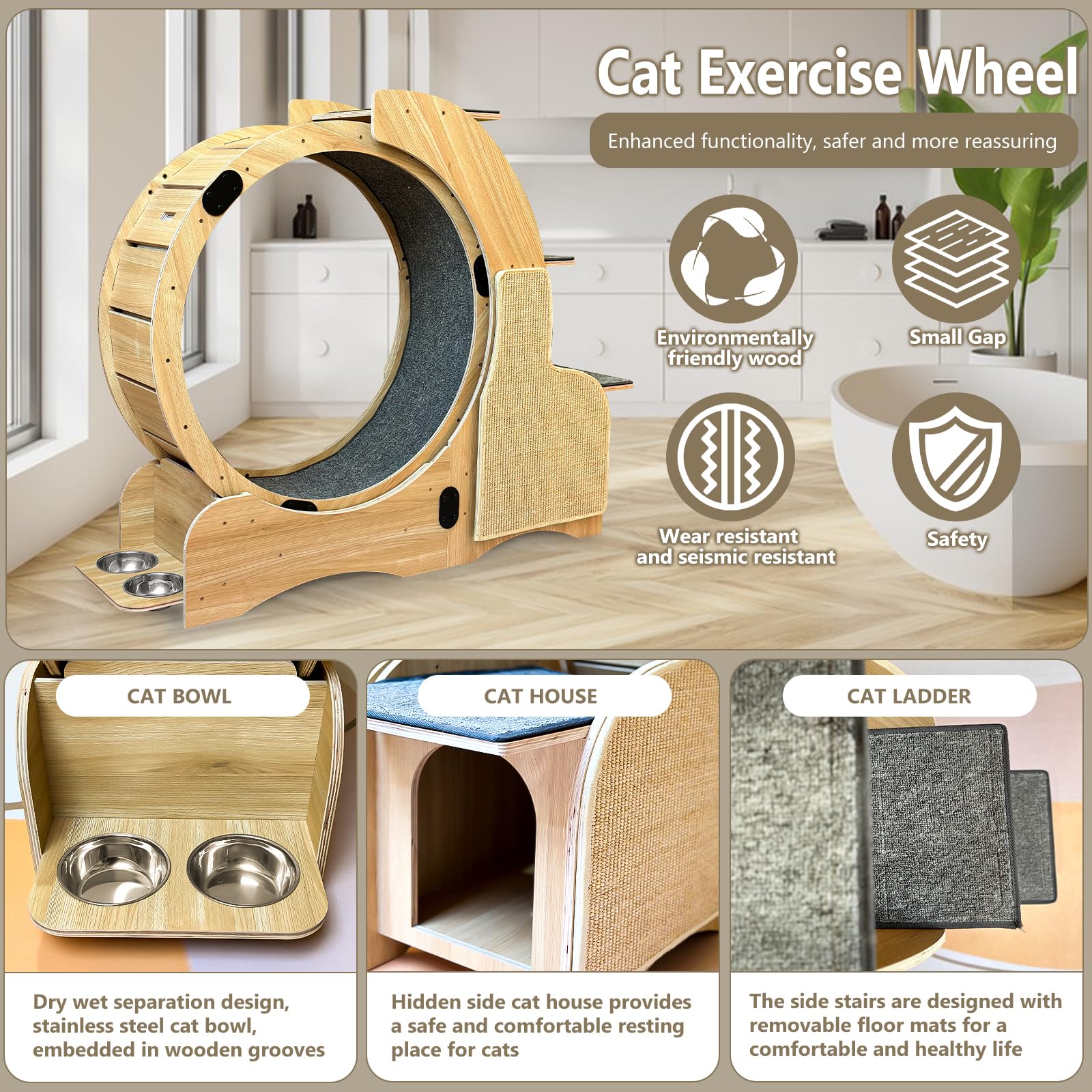 Upgraded Cat Wheel Exerciser For Indoor,Large Cats Treadmill,Cats Running Wheel With Silent Wheels,Loss Weight Device (Natural W