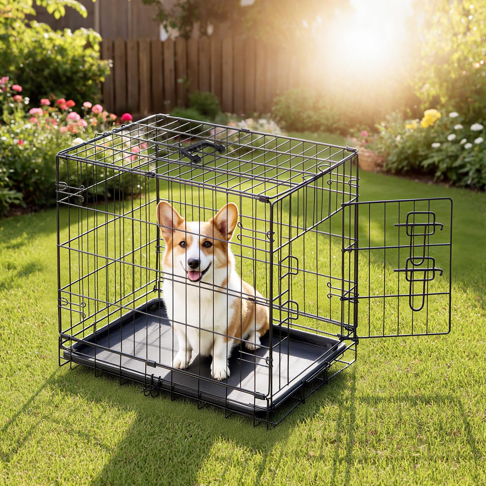DUMOS Dog Crate - 30 Inch Metal Folding Kennel with Leak-Proof Tray, Black, Indoor/Outdoor Use, Model DOGS30IN