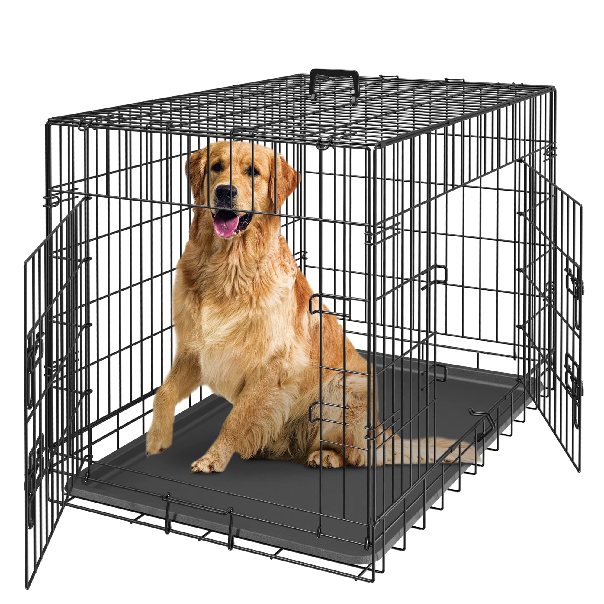 Zeny 42 Inch Dog Crate Double Door Folding Metal Dog Or Pet Crate Kennel With Tray And Handle