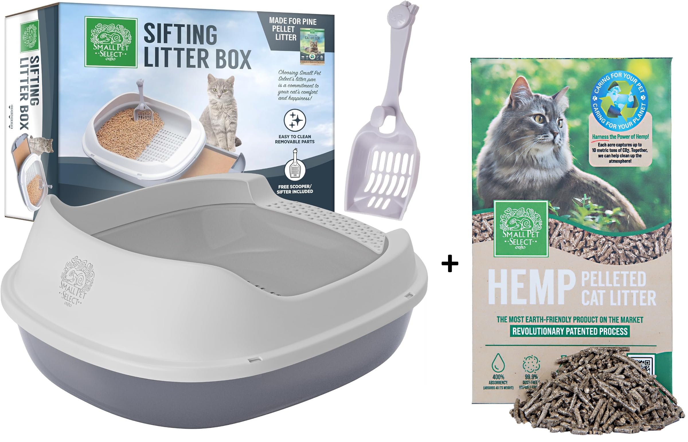 Small Pet Select- Sifting Cat Litter Box and 8lb Hemp Pellets Combo, with 5 Free Pee Pads and Free Litter Scoop, Premium System 