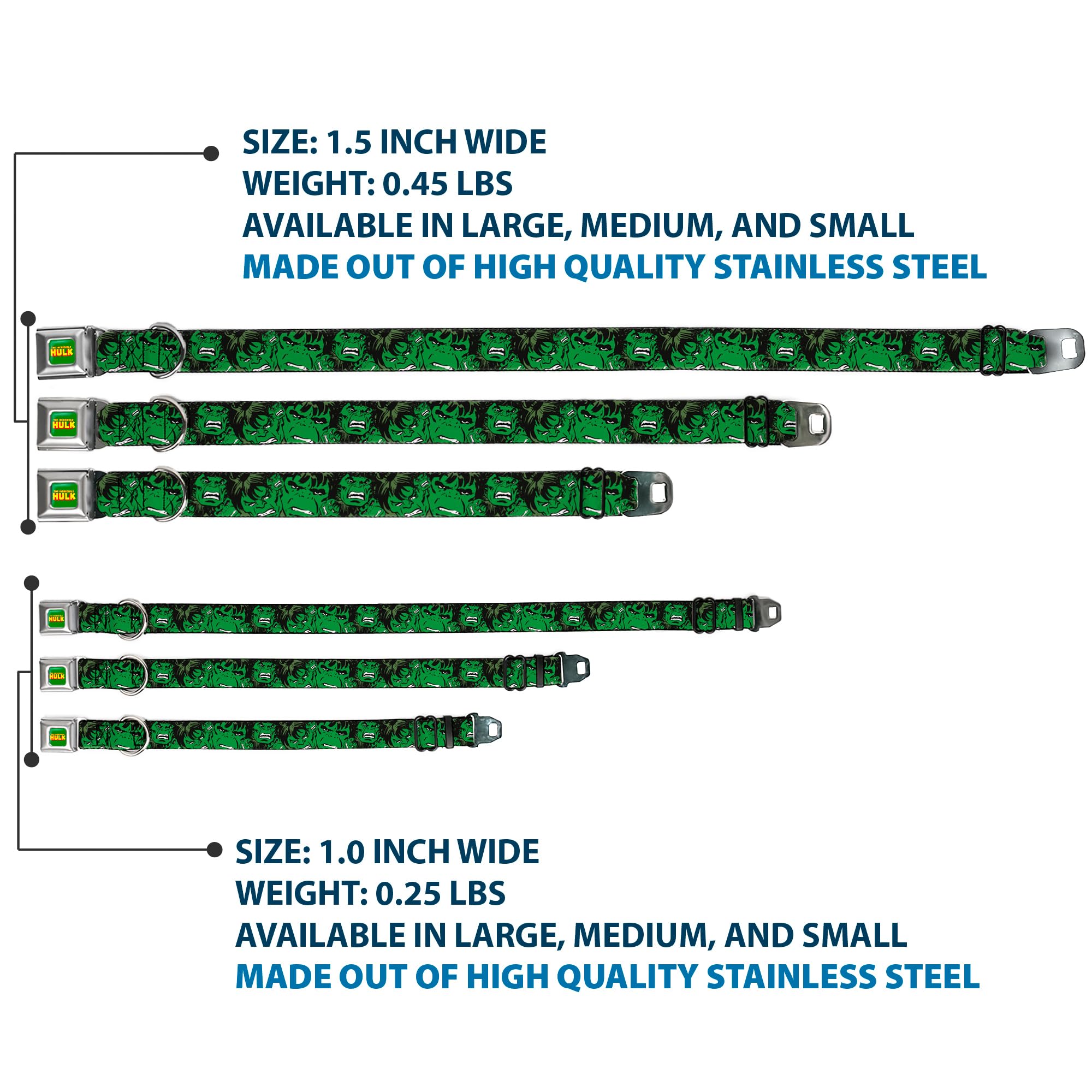 Buckle-Down Seatbelt Buckle Dog Collar - The Incredible Hulk W/Repeat Close-Up - 1.5' Wide - Fits 18-32' Neck - Large