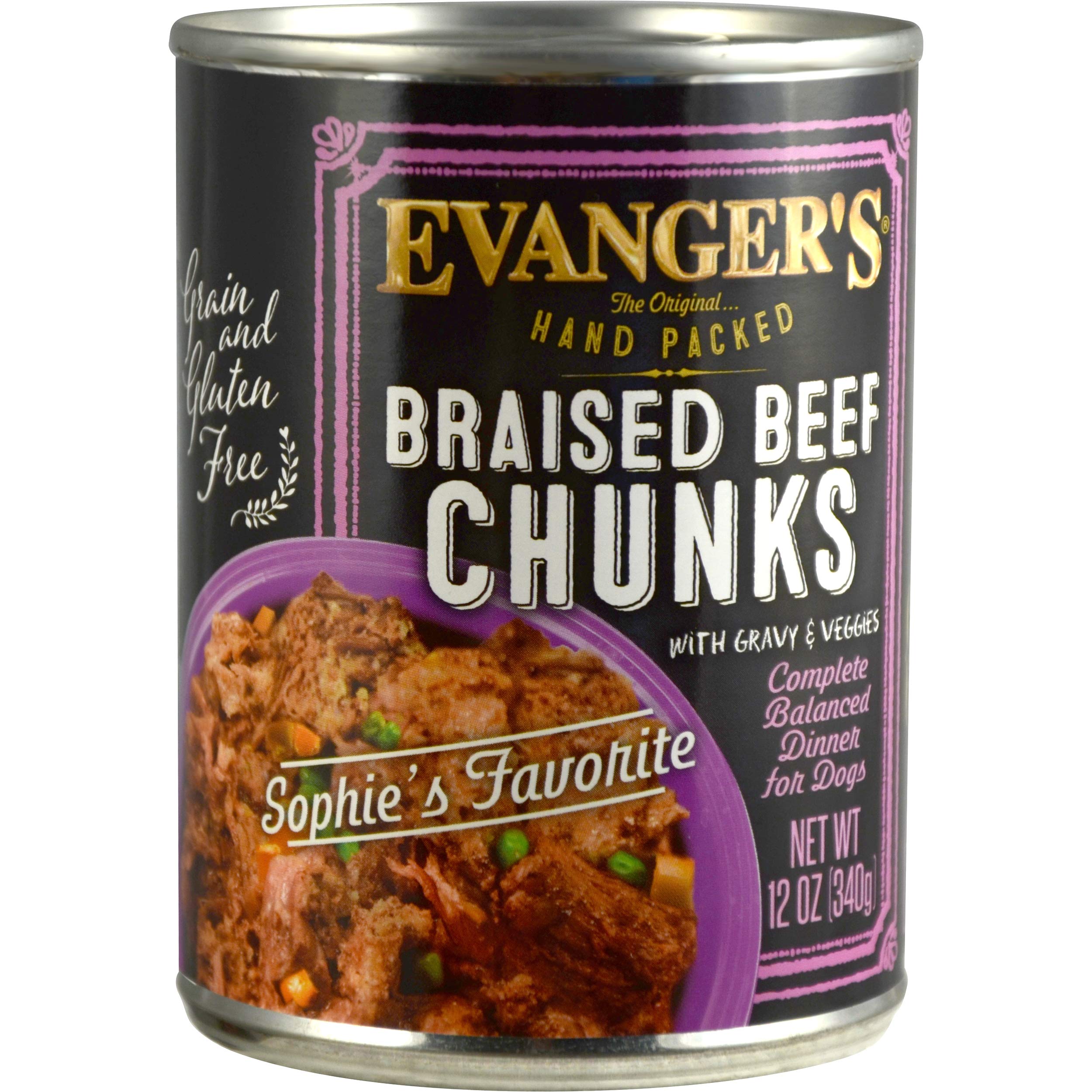 Evangers Hand Packed Braised Beef Chunks with Gravy for Dogs - 12, 12 oz Cans