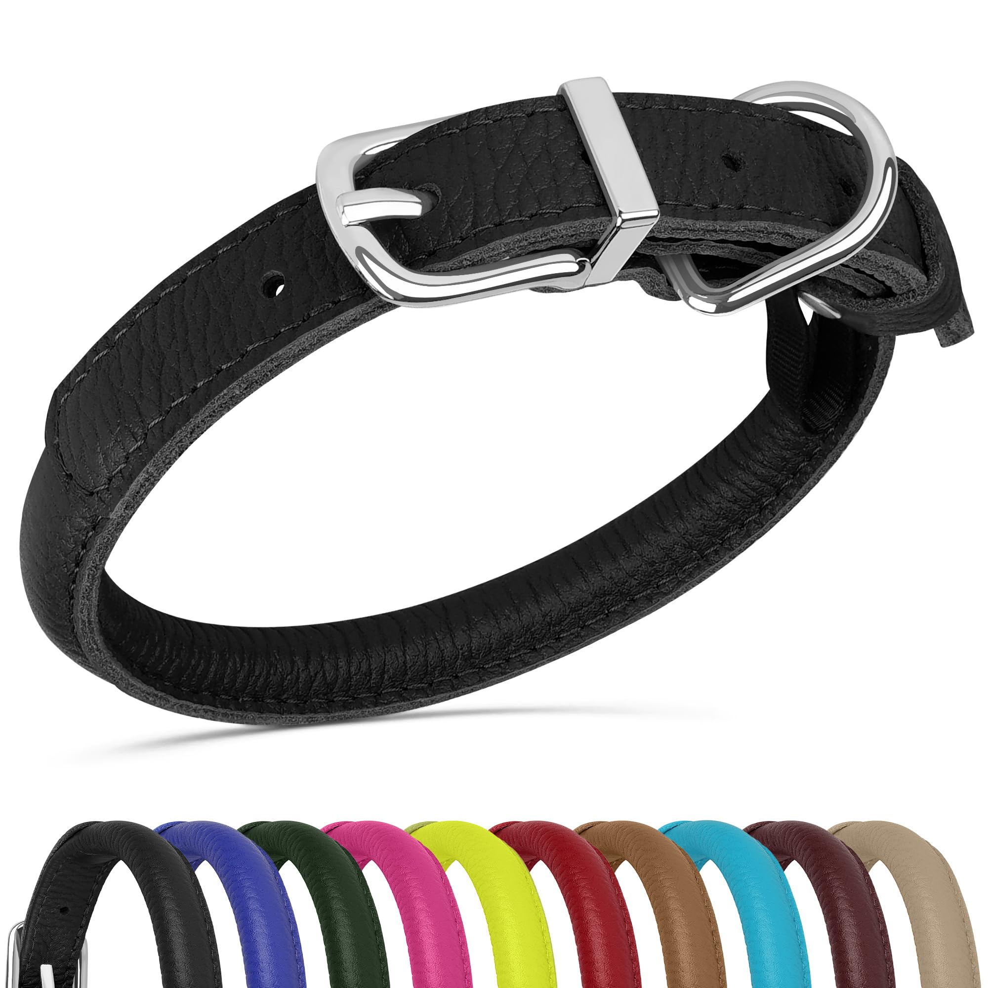 Oopsdoggy Rolled Leather Dog Collar Soft Roll Collars For Small Medium Large Dogs Puppy (Black, Xs, 8''-11'')