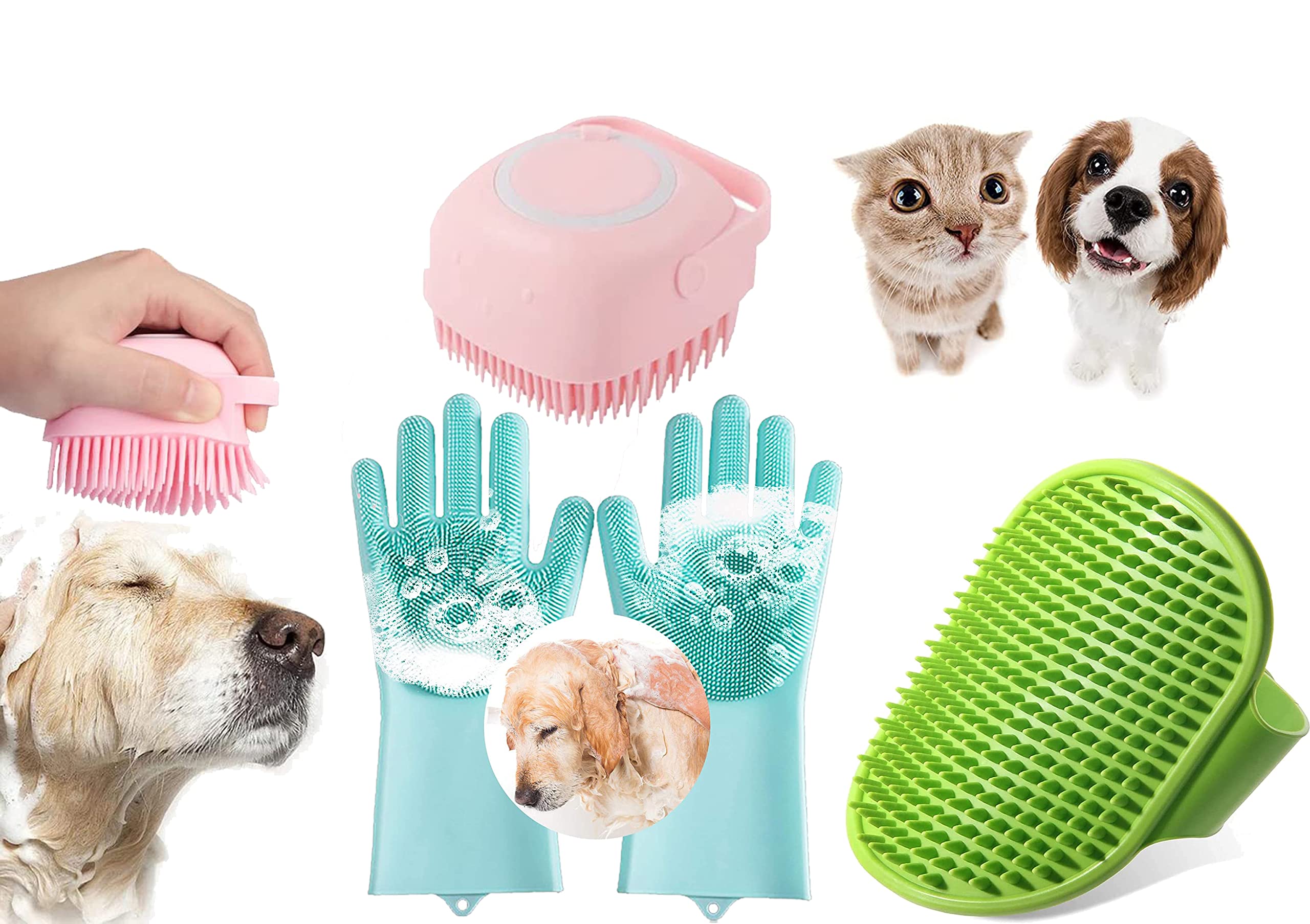 Style Keepers Combo Of 3 Pcs Silicone Dog Bathing Hand Gloves (Pair) & Pet Dog Bath Brush Soft Silicone Shampoo Massage Brush,Ha