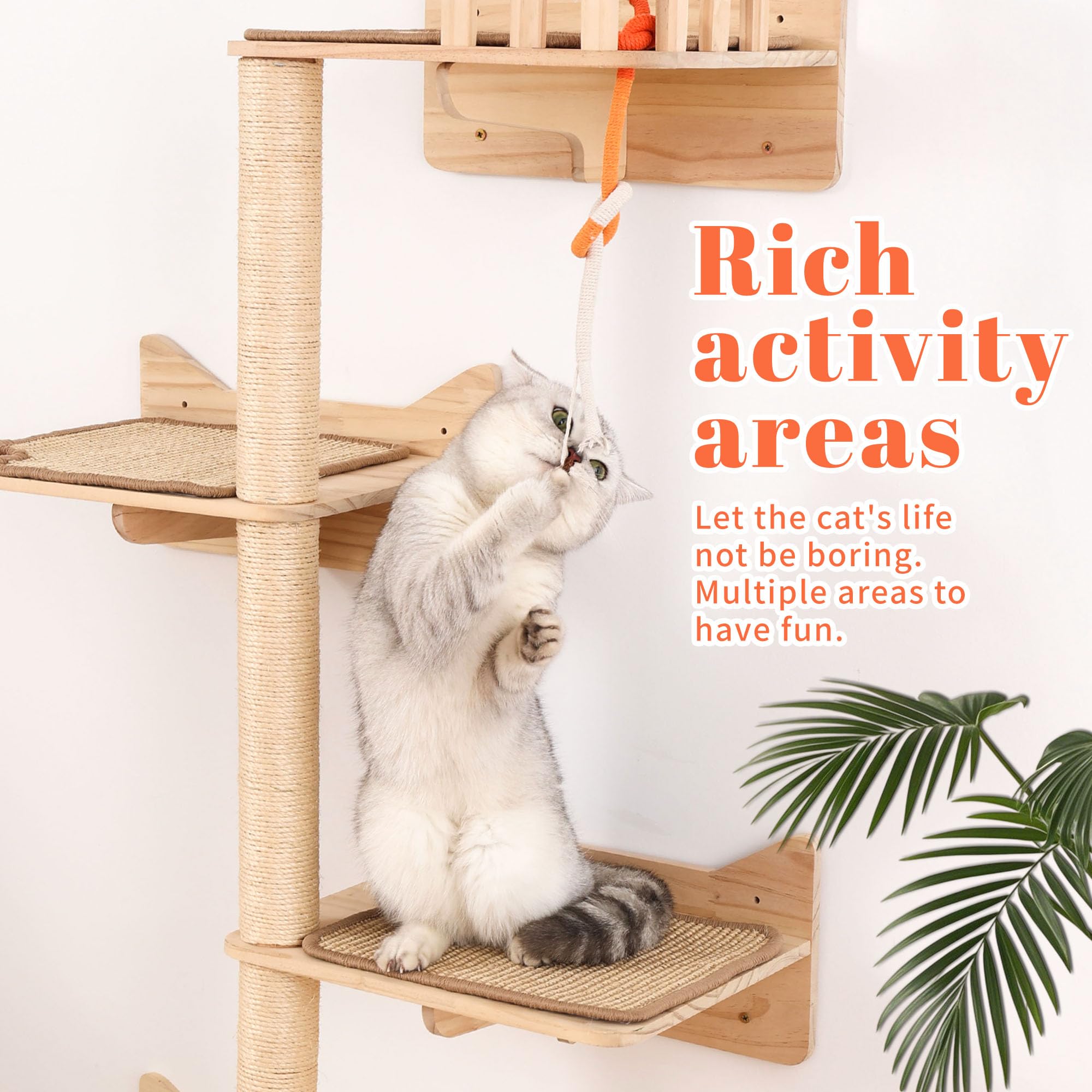 MIUZMORE Wall Mounted Cat Tree - 7 PCS Cat Wall Shelves & Perches with Tall Sisal Scratching Posts, Wall Mount Cat Climbing Tree