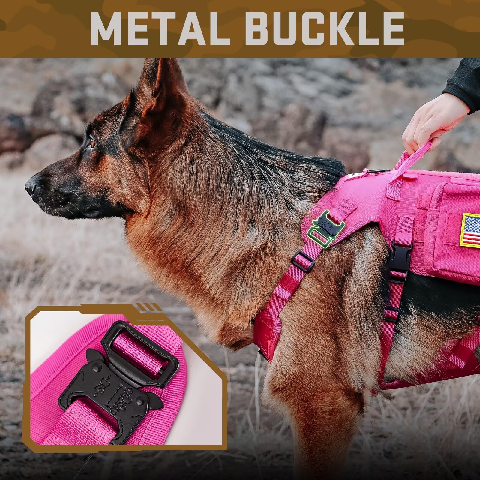 Forestpaw Pink Tactical Dog Harness For Large Dogs,Tactical Dog Collar With Bungee Leash Set,No Pull Military Dog Harness For Wa