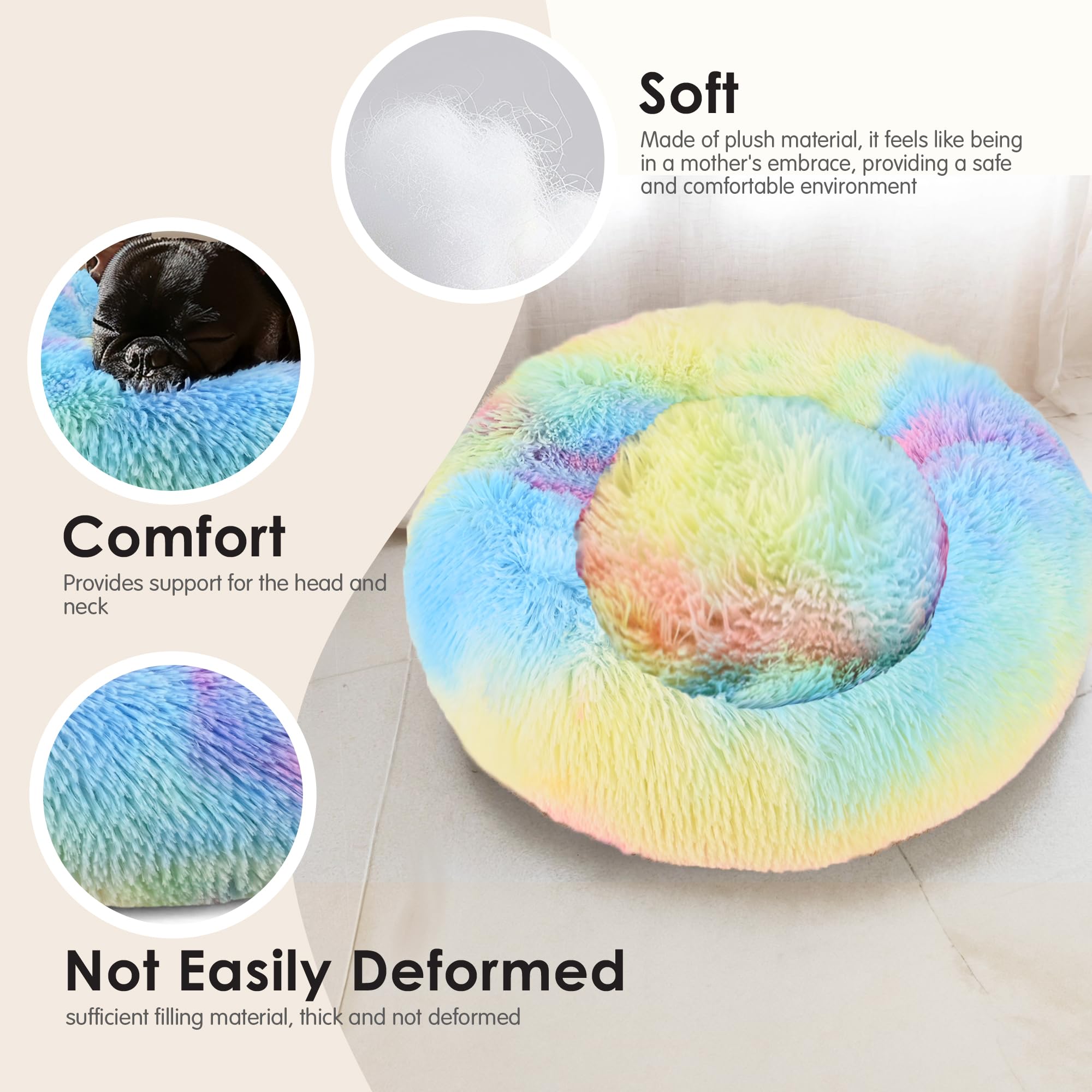 Dogs Bed for Small Dogs, Anti-Anxiety Washable Round Bed (Rainbow, 24.0 L x 24.0 W x 8.0 Th)
