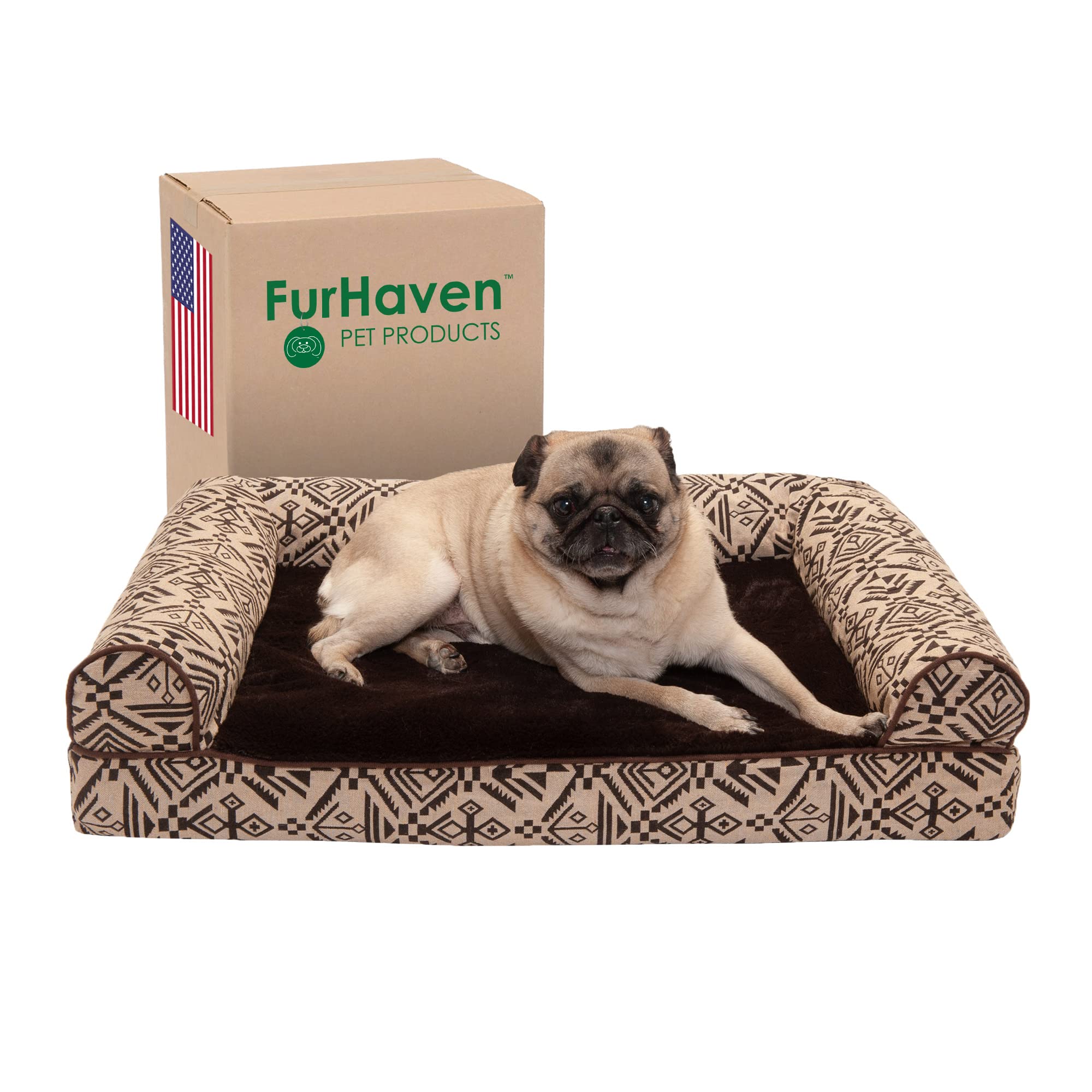 Furhaven Soft, Orthopedic Foam Sofa Dog Bed With Washable & Removable Cover - Plush/Woven - Desert Brown, Dogs Up To 35 Lbs - Me