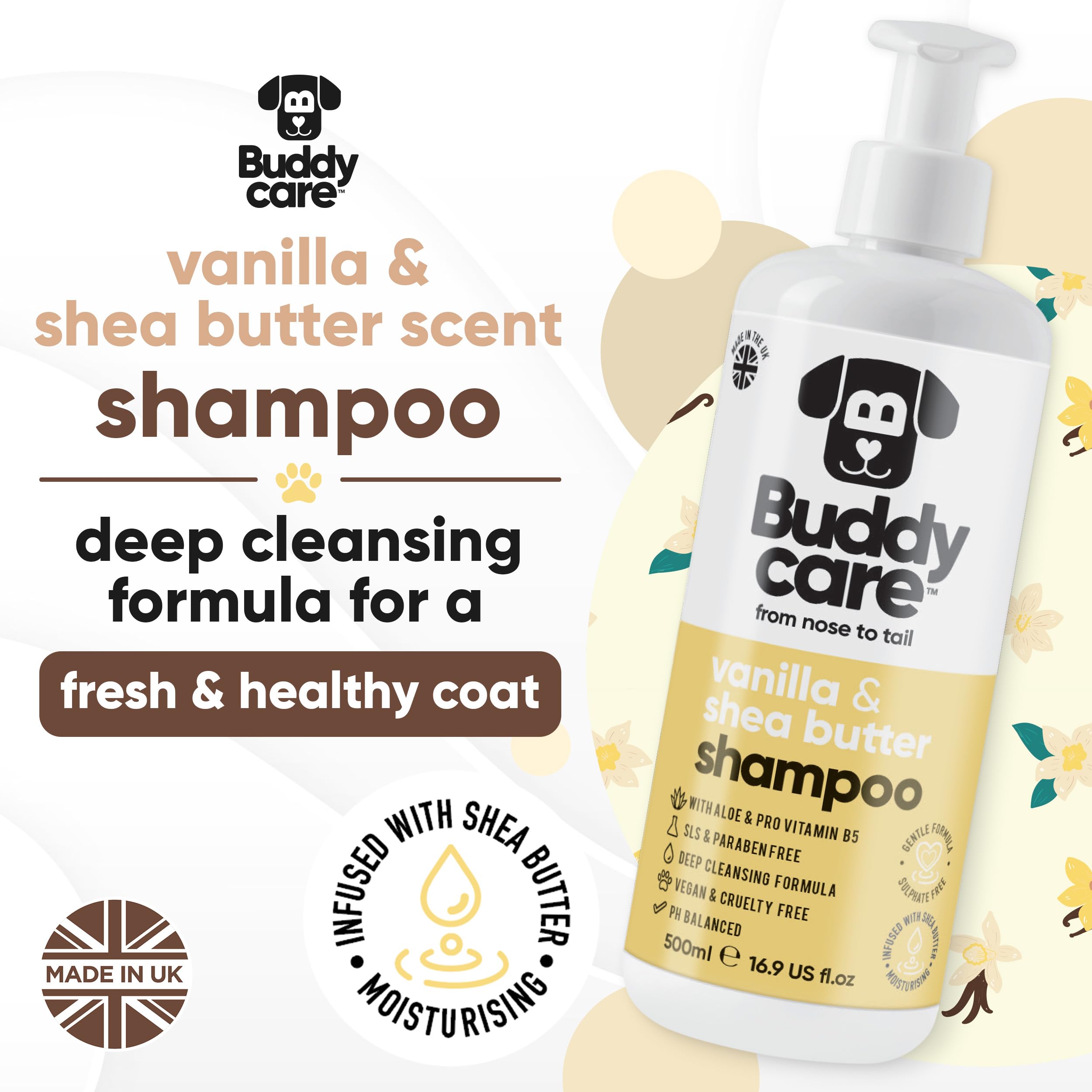Vanilla & Shea Butter Dog Shampoo By Buddycare | Moisturising Shampoo For Dogs | Vanilla & Shea Butter Scented | With Aloe Vera