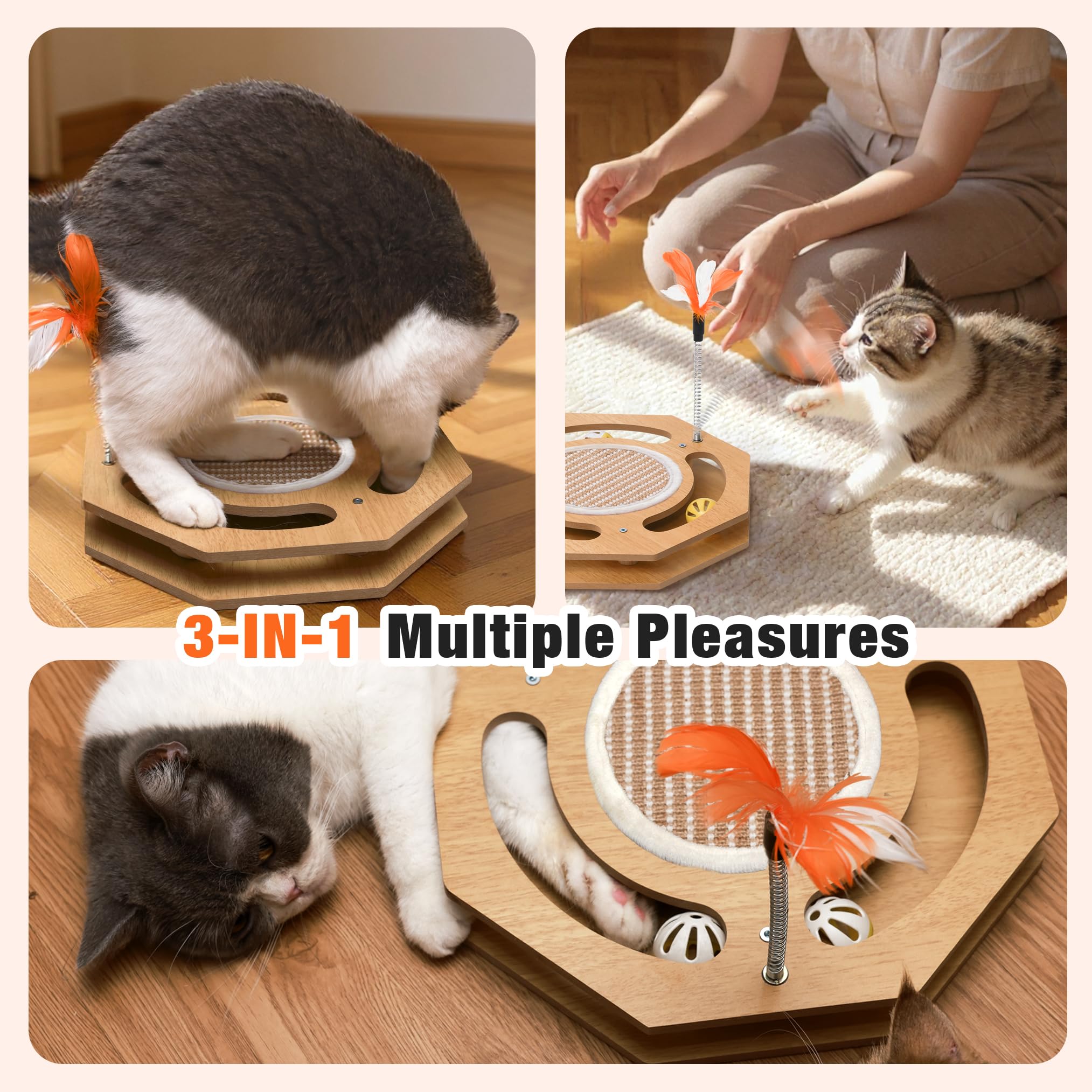Fantasreen Interactive Toy Cat Scratcher, Sisal Scratching Pad, Kitten Toy Wood with Bell Ball Track, Feather Teaser for Mental