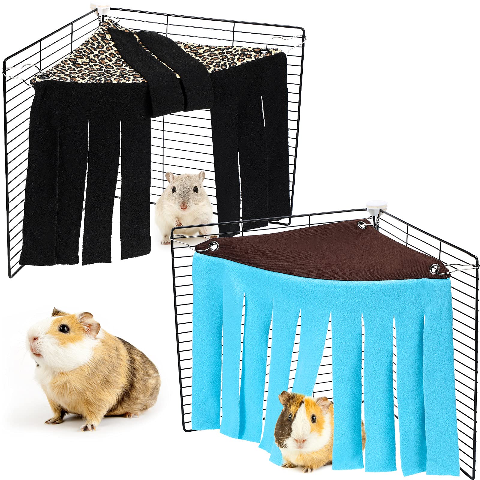 2 Pieces Guinea Pig Hideout Small Animal Corner Fleece Hideaway Cute Ferret Hammock And Sleeping Bed For Ferrets Chinchillas Small Pets (Brown With Blue, Black With Orange-Brown, Leopard)