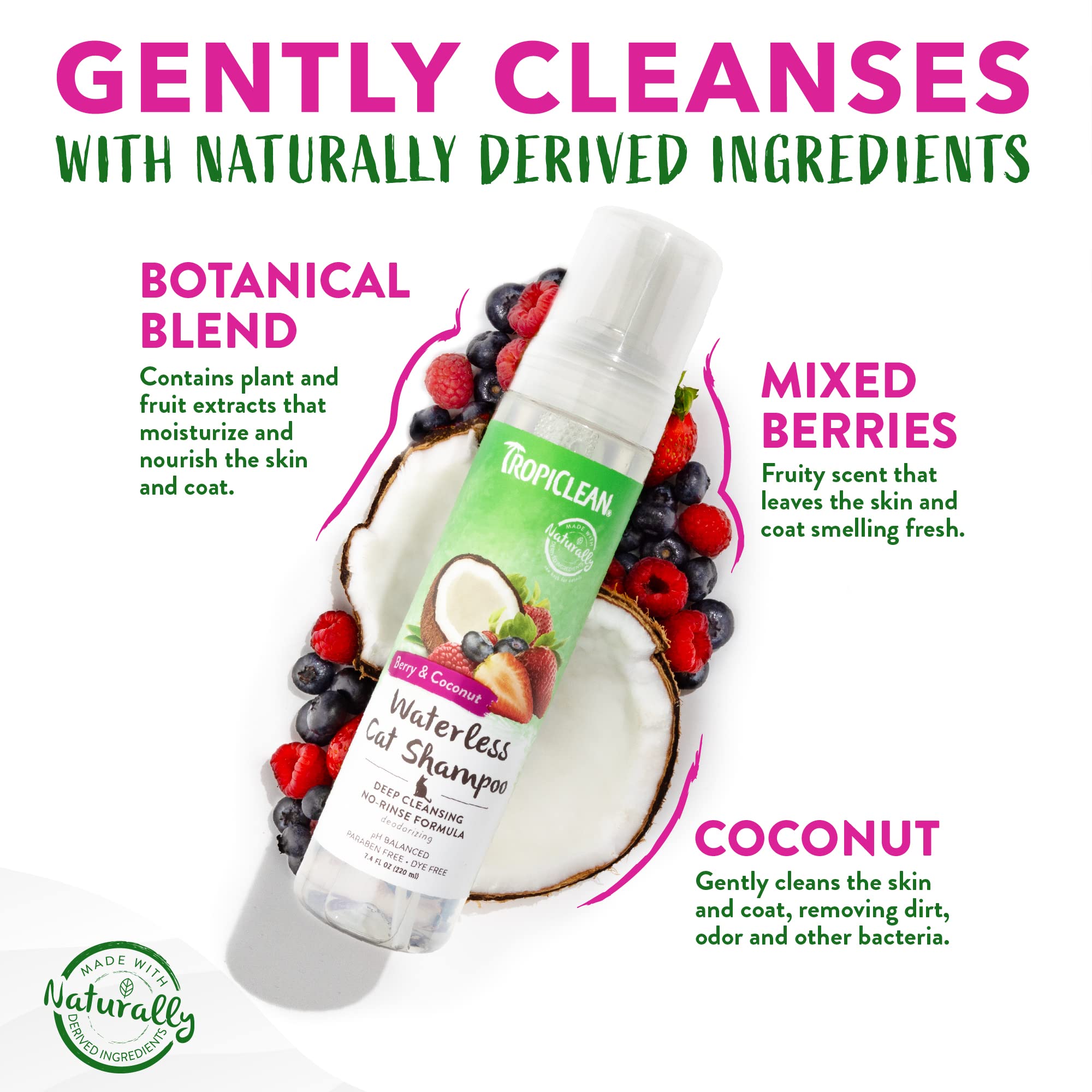 Tropiclean Berry & Coconut Waterless Cat Shampoo | Deep Cleansing Dry Shampoo For Cats | Natural Cat Shampoo Derived From Natura