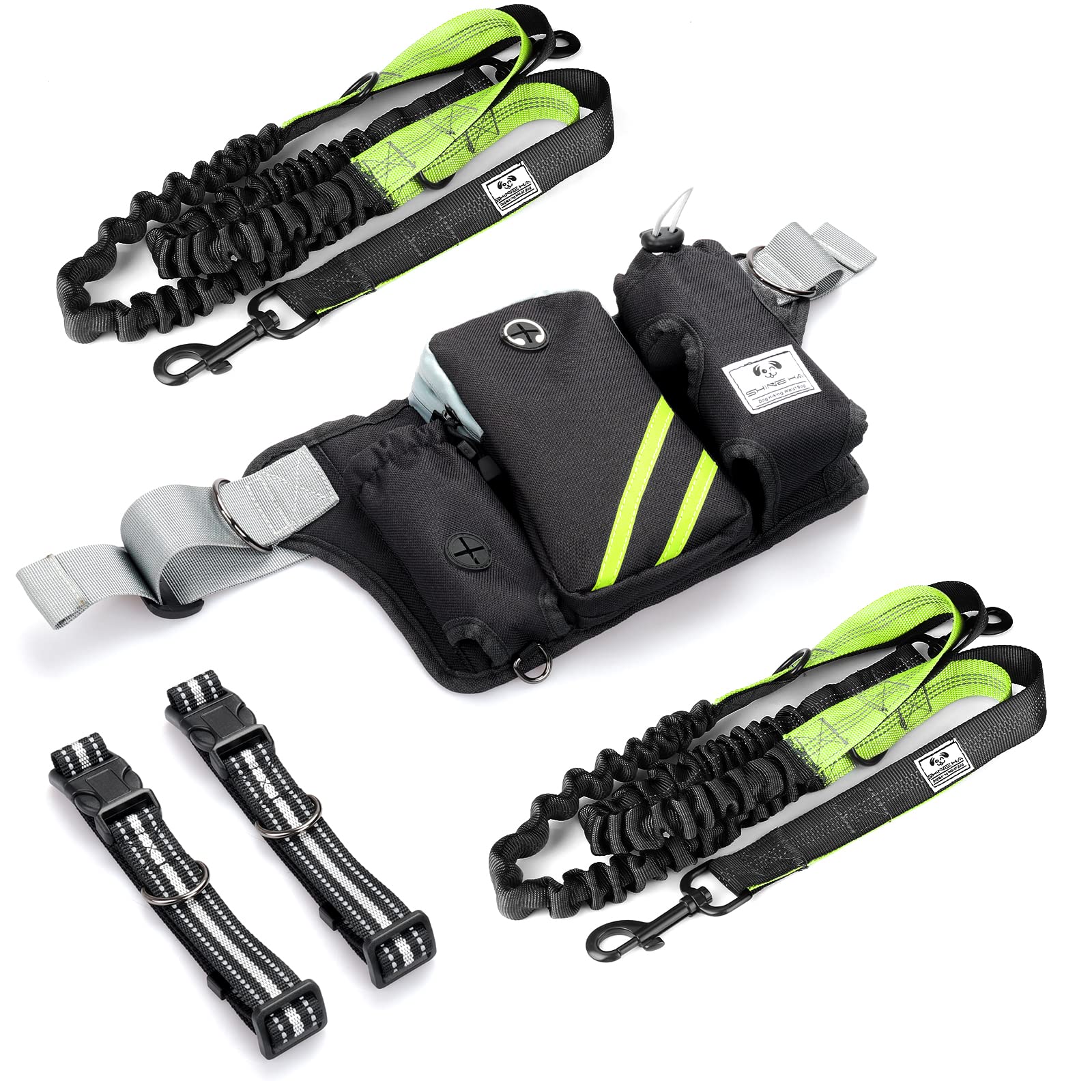 SHINE HAI Retractable Dog Leash for 2 Dogs, Adjustable Waist Belt, Nylon, Green/Black, Model MA-US22-DL, Reflective Stitching