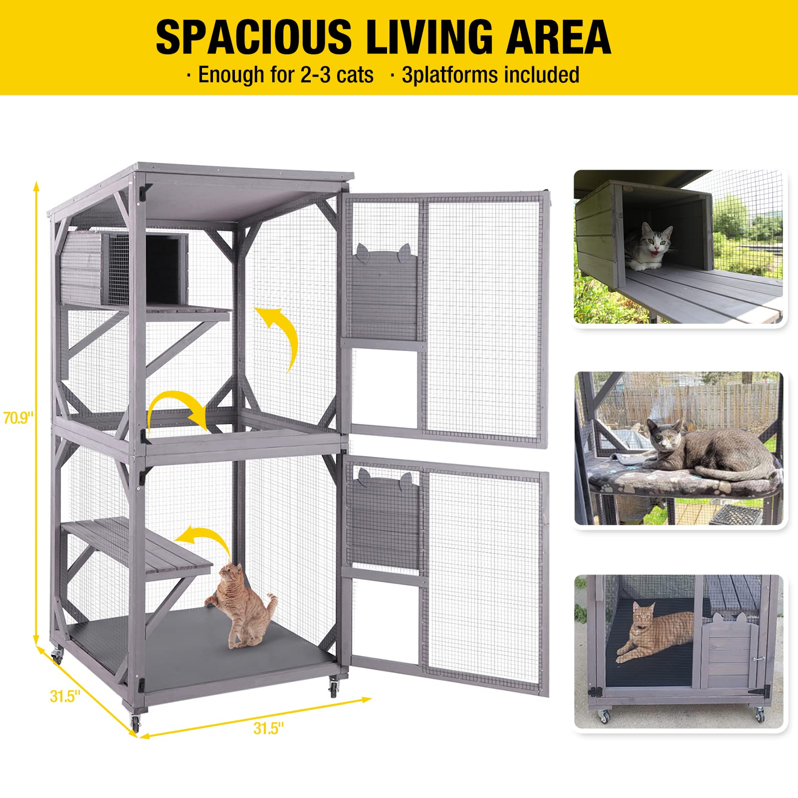 Aivituvin Cat House Outdoor Catio Cat Enclosures On Wheels70.9 Kitty House With Upgraded Resting Box,Waterproof Roof