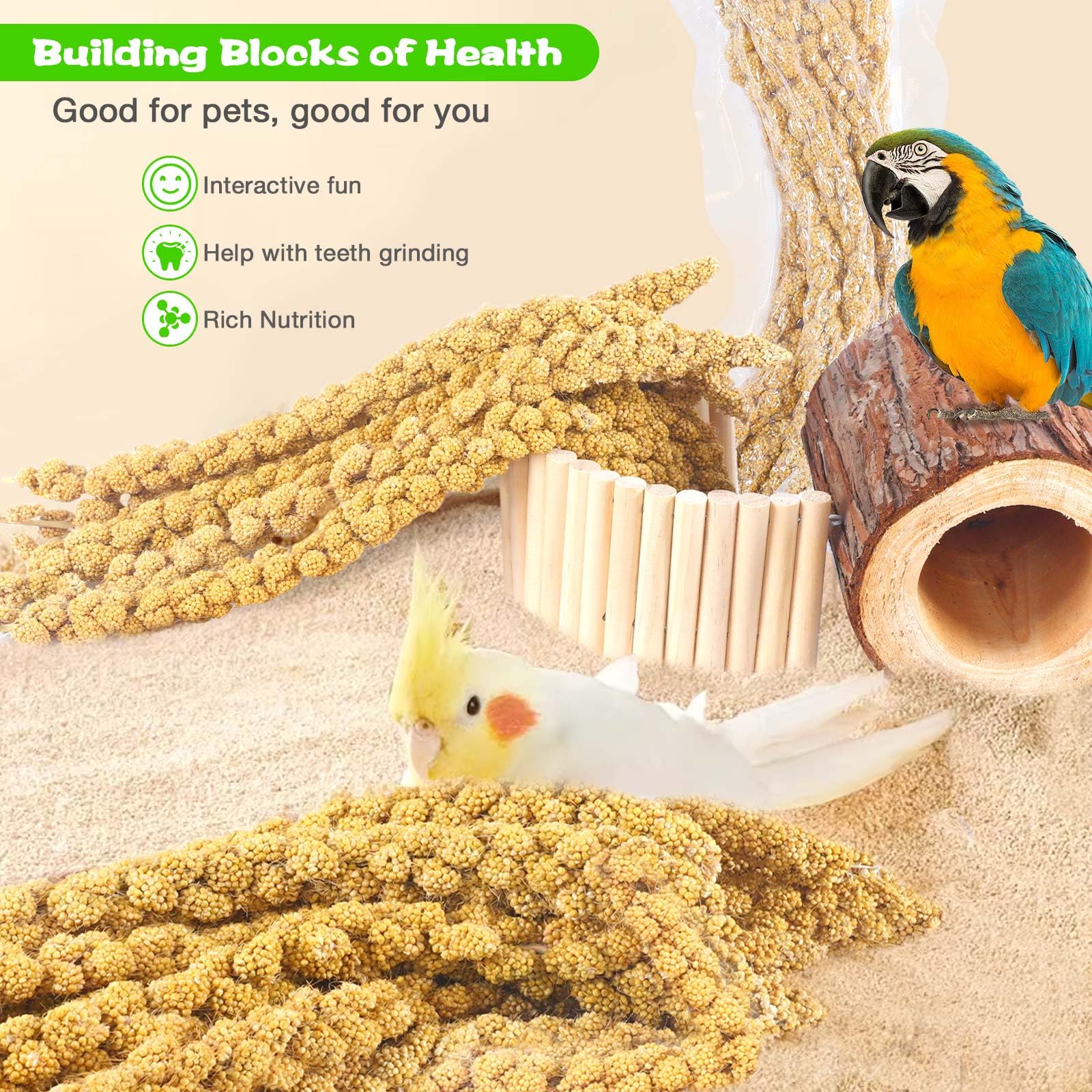 Millet for Birds 1.2LB, Natural Sun-Dried Millet Spray for Birds Seed No Stems Only Edible Tops for Parakeet, Budgies, Finches,