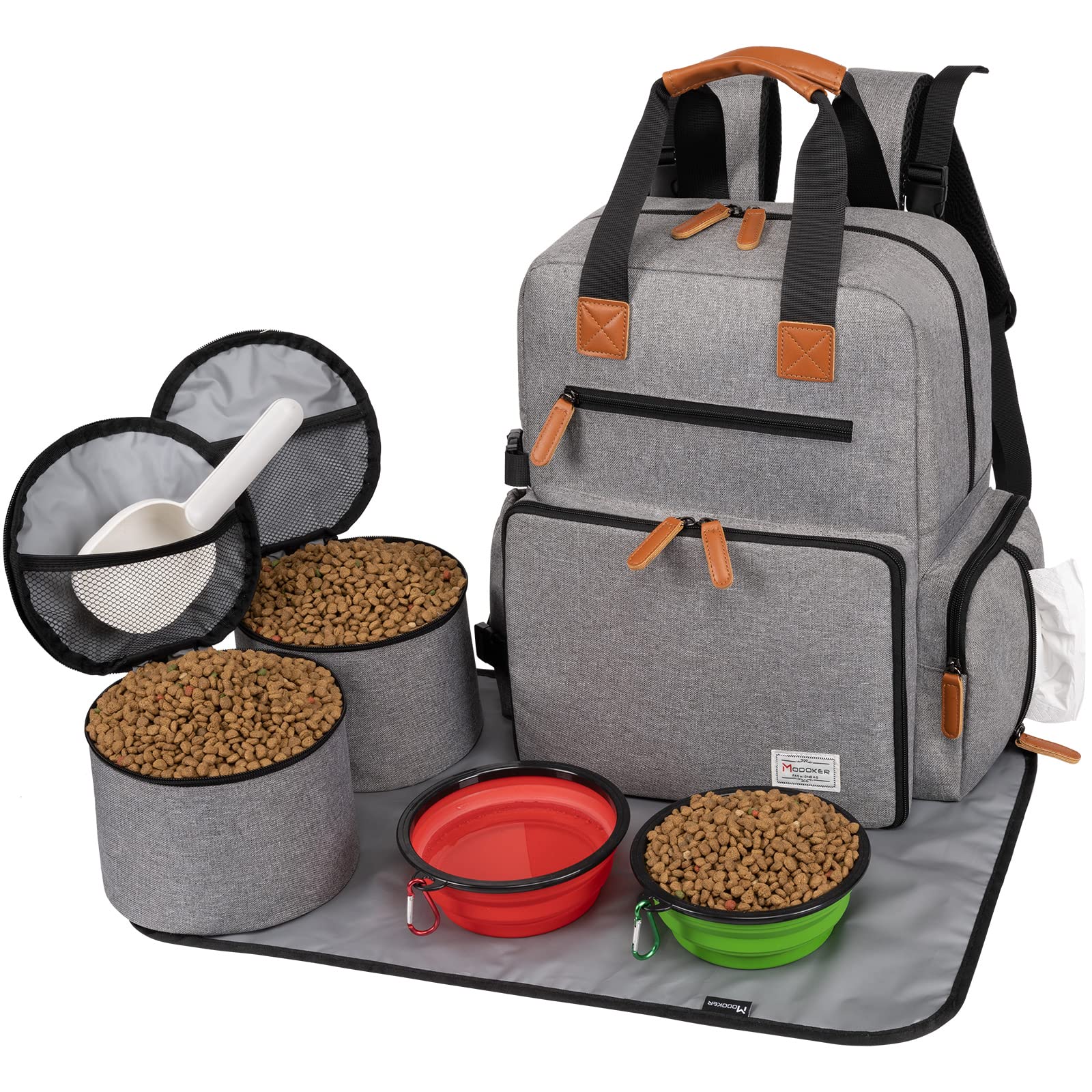 Modoker Dog Travel Bag, Airline Approved Backpack for Pet Accessories Organizer, Tote Weekend Bag with 2 Dog Food Storage Contai