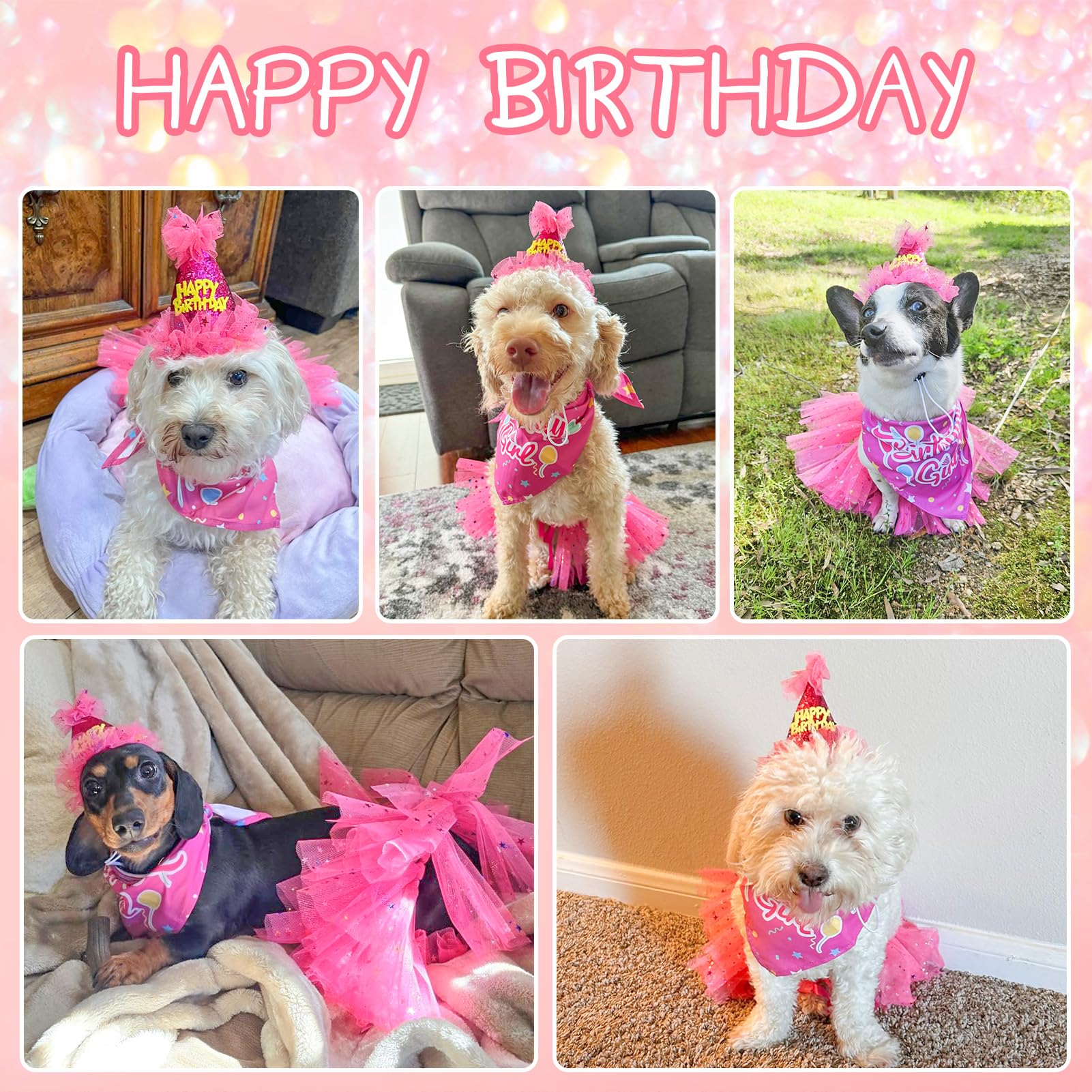 Scenereal Dog Birthday Bandana With Hat And Dress Girl Set, Puppy Birthday Party Supplies, Cute Pink Tutu Skirt Outfit For Small Medium Large Dogs