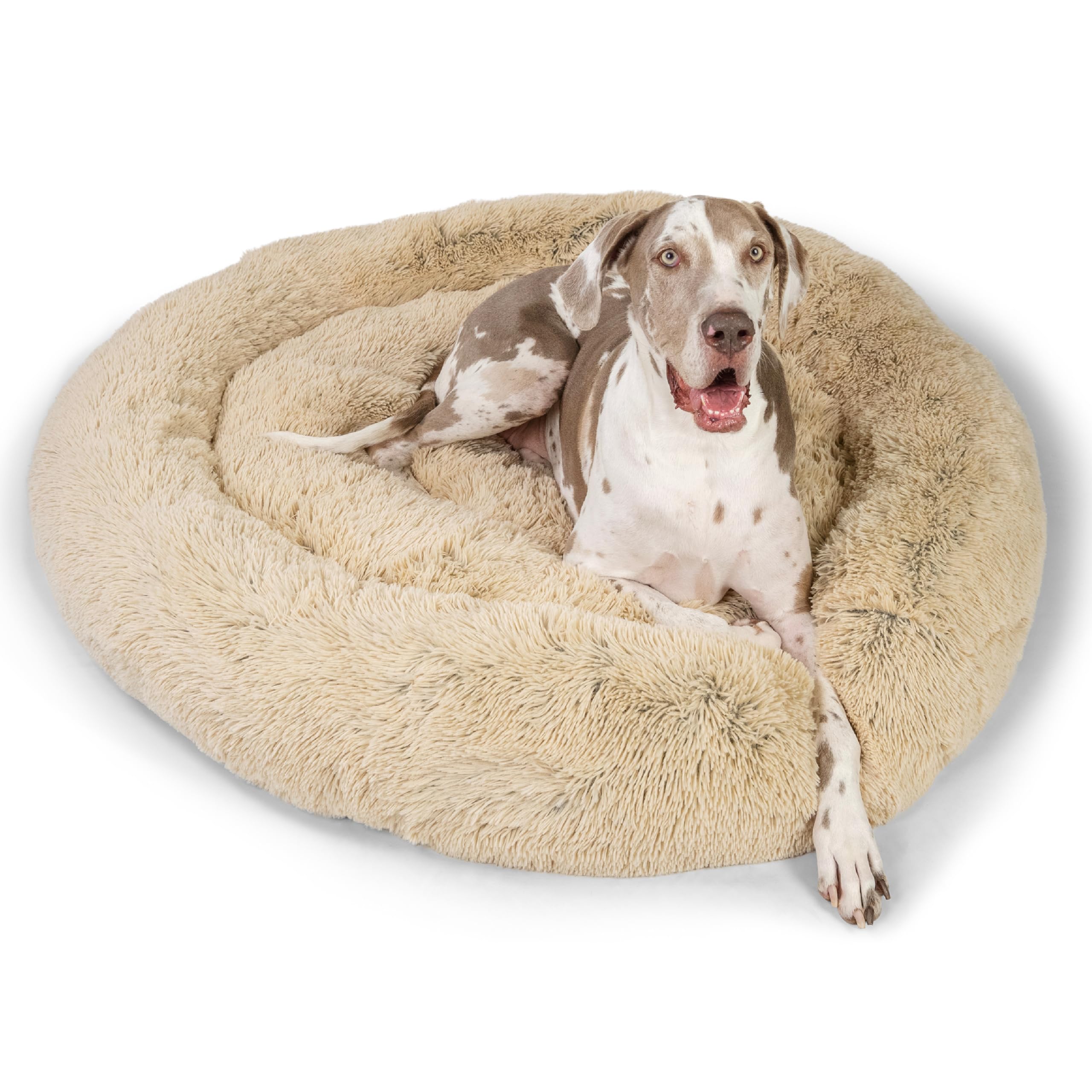 Best Friends By Sheri The Original Calming Donut Shag 2Xl Dog Bed For Big Dogs, Taupe, 54' X 54'