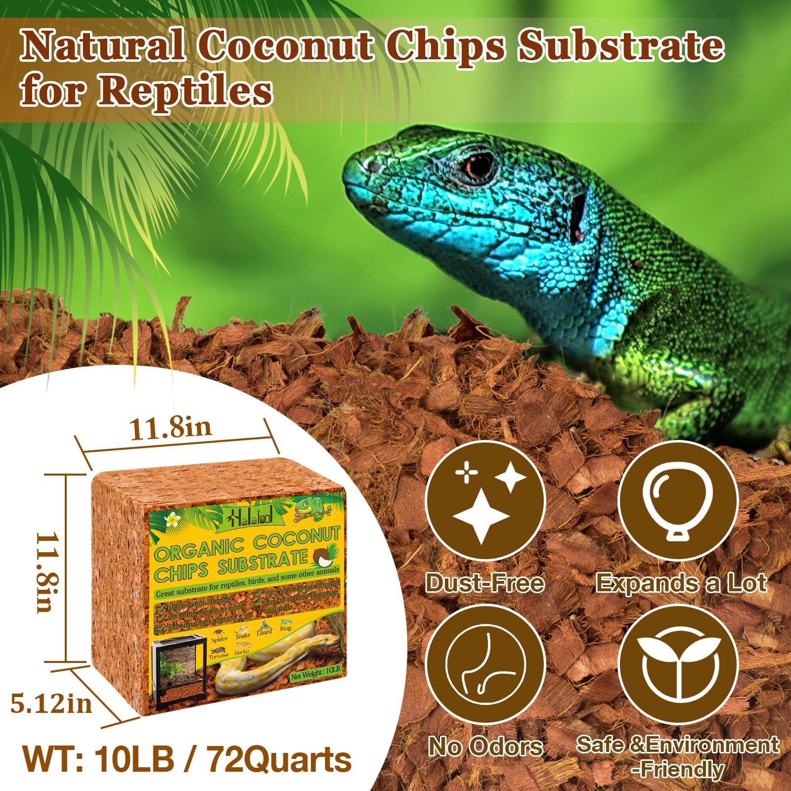 Halatool Coconut Chips Substrate, 10 LB Natural Coco Mulch for Reptiles, 72QT, Ideal for Snakes, Tortoises, Frogs, and Crabs