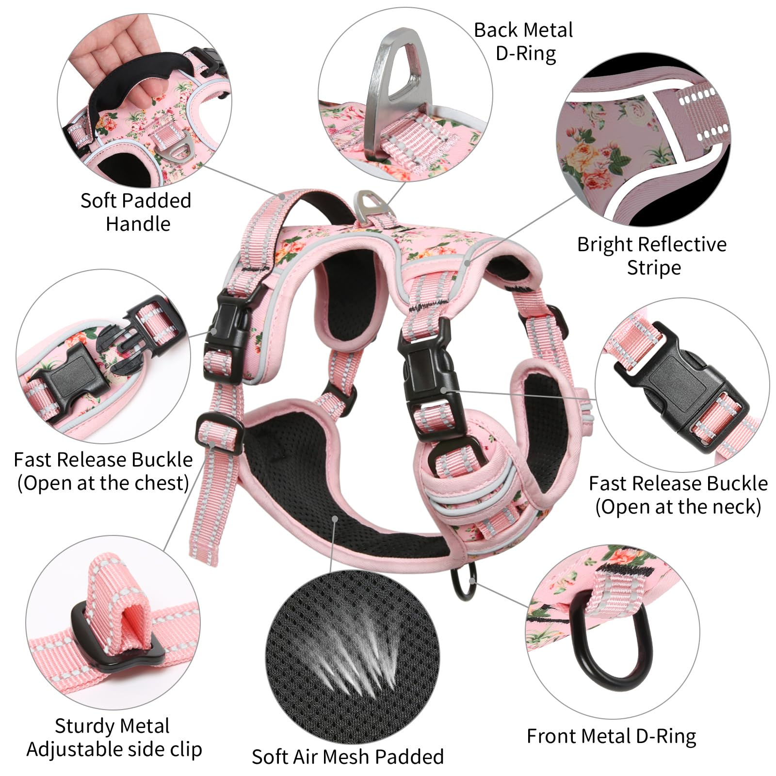 Timos Dog Harness, No-Pull Pet Harness with 2 Leash Clips, 3 Snap Buckles Adjustable Soft Padded Dog Vest, Reflective No-Choke P