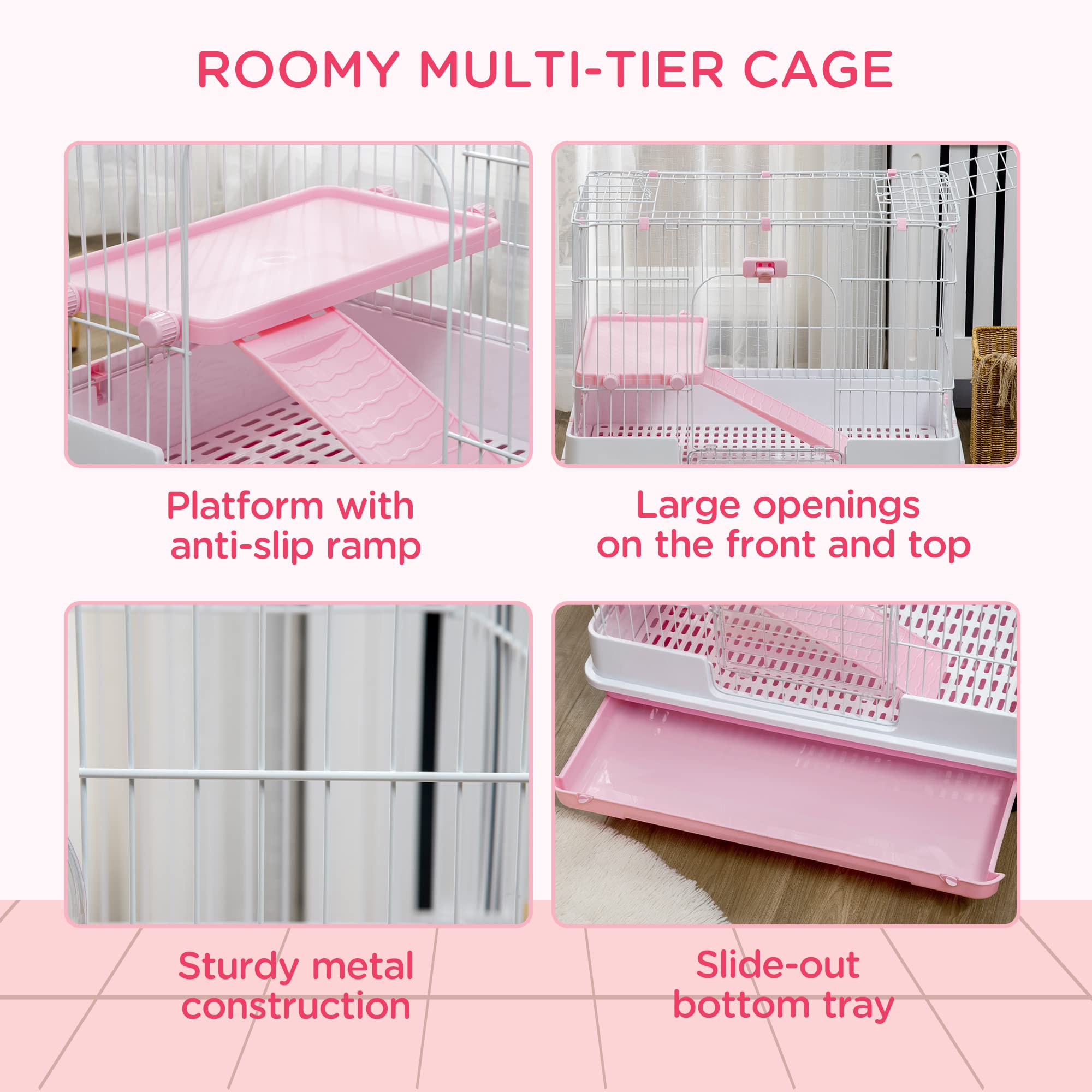 Pawhut 2-Level Small Animal Cage Rabbit Hutch With Wheels, Removable Tray, Platform And Ramp For Bunny, Chinchillas, Ferret, Pink