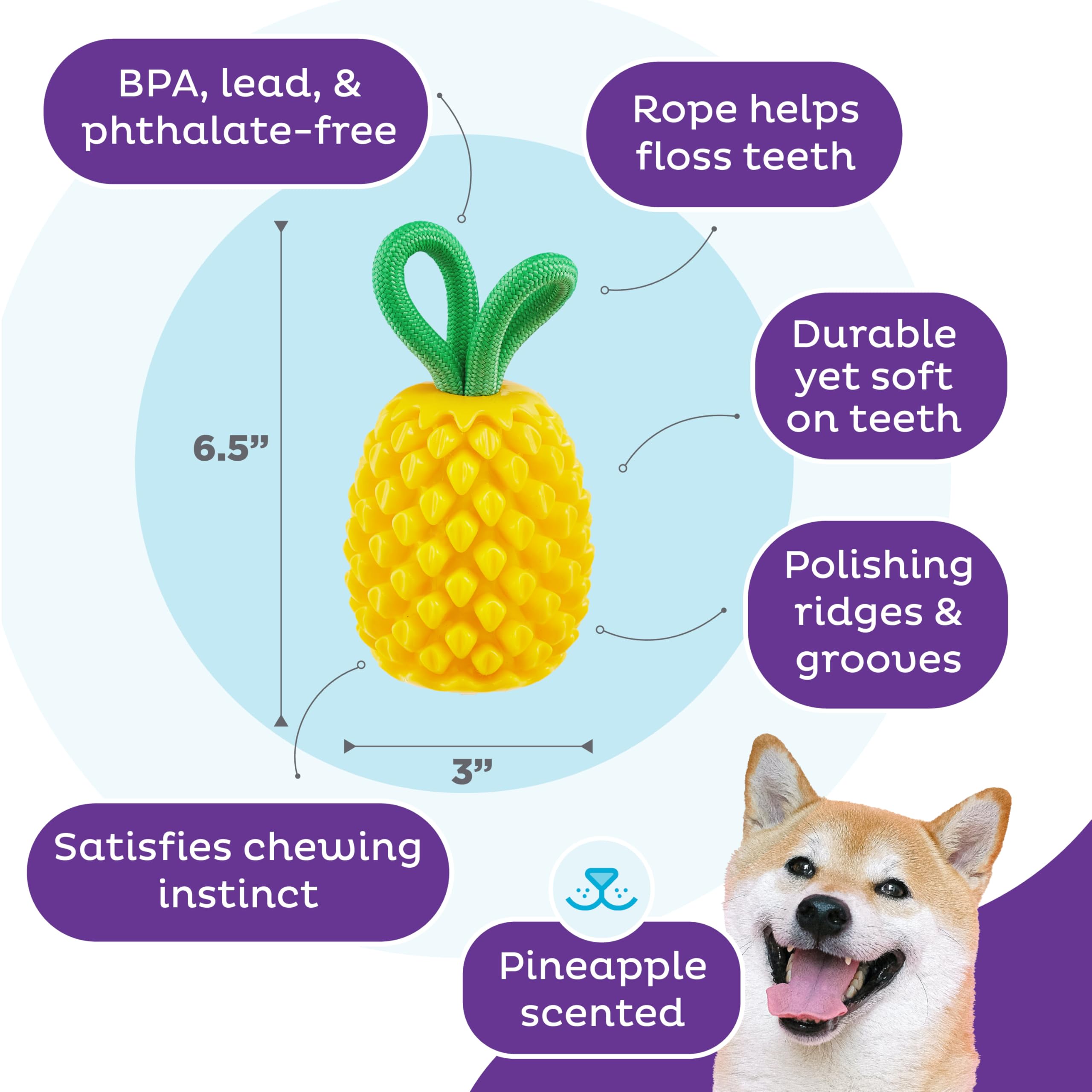 Outward Hound By Planet Dog Dental Pineapple 2-In-1 Interactive Dog Chew Toy And Treat Stuffer, Medium, Yellow