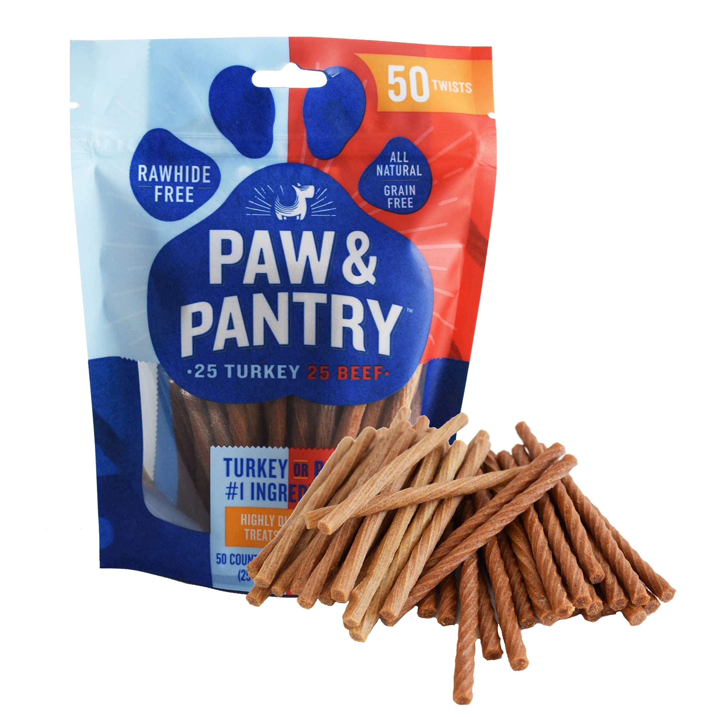 Paw & Pantry 5 Soft & Chewy Stick Twists - Real Beef & Turkey - Pack of 50 Rawhide-Free, Grain-Free Dog Twist Sticks - Healthy T