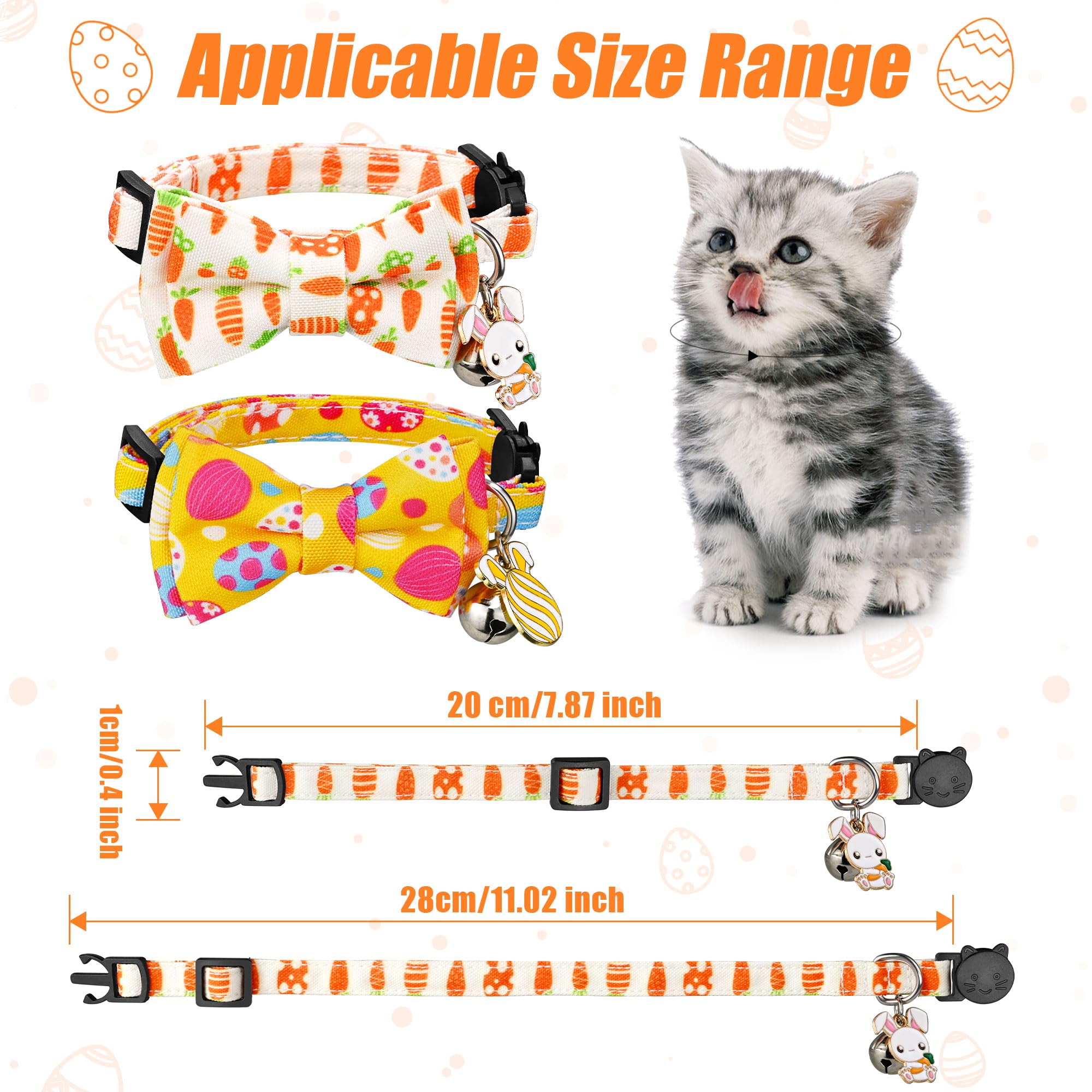 G-Ficu 2 Pack Easter Cat Collar Breakaway With Cute Bow Tie Bell Charm, Easter Eggs Carrot Holiday Collars For Girl Boy Cats Kit