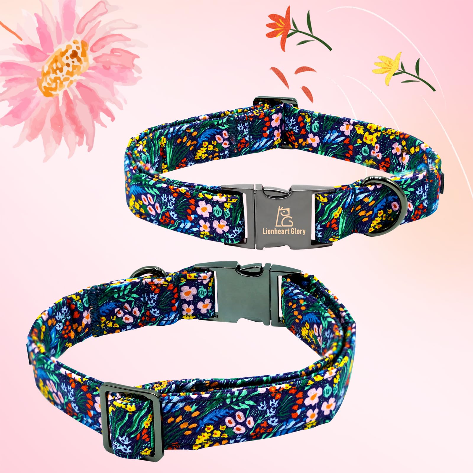 Lionheart Glory Dog Collar Darkblue Flower Print Dog Collars Floral Pet Collar Male Or Female Spring Fall Pet Gift Durable Adjus