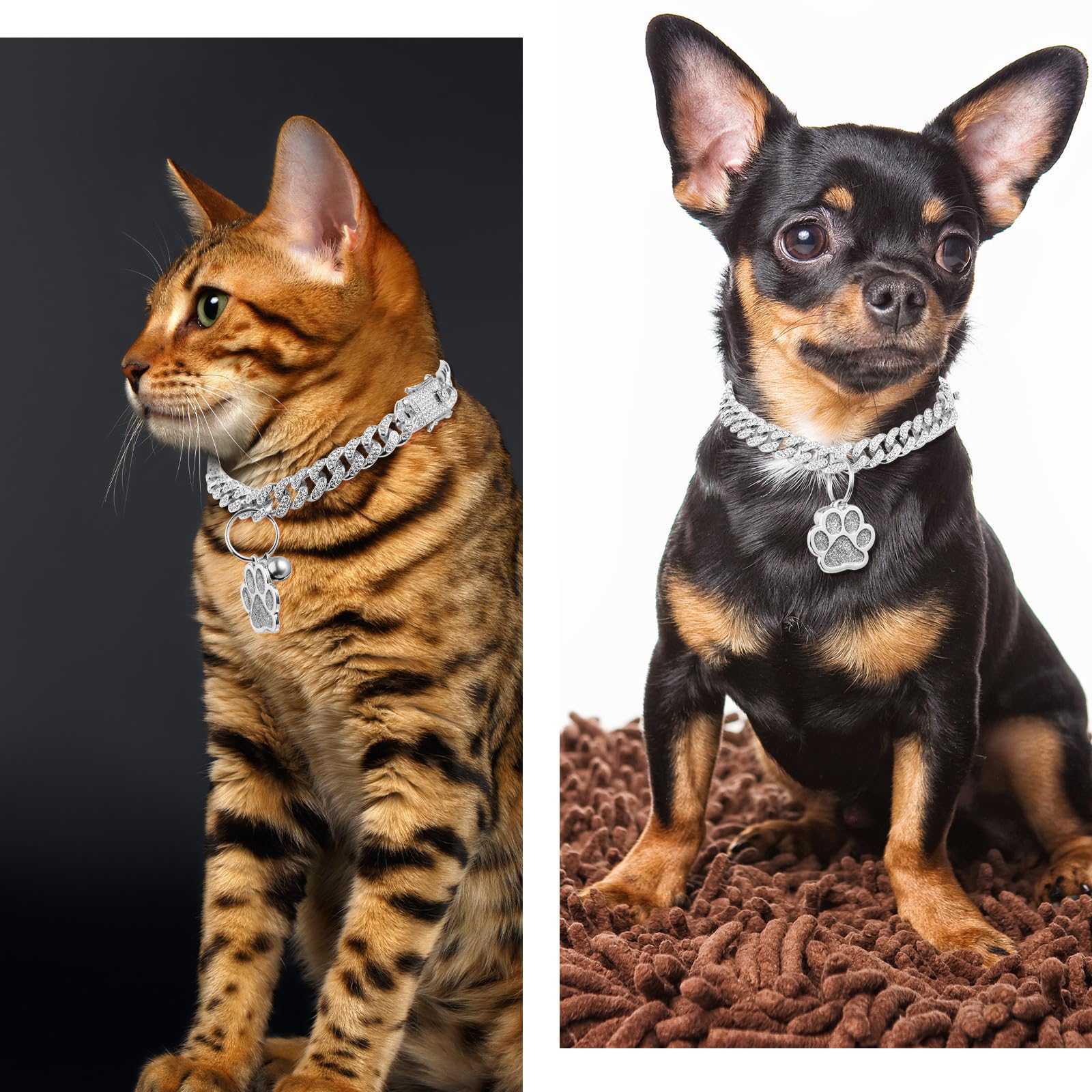 Hillban Cat Collar Diamond Chain Glitter Collar Walking Metal With Secure Buckle Cat Pet Necklace With Paw Charm Link Cuban Jewelry Accessories With Id Tag Bell(10 Inch,Silver)