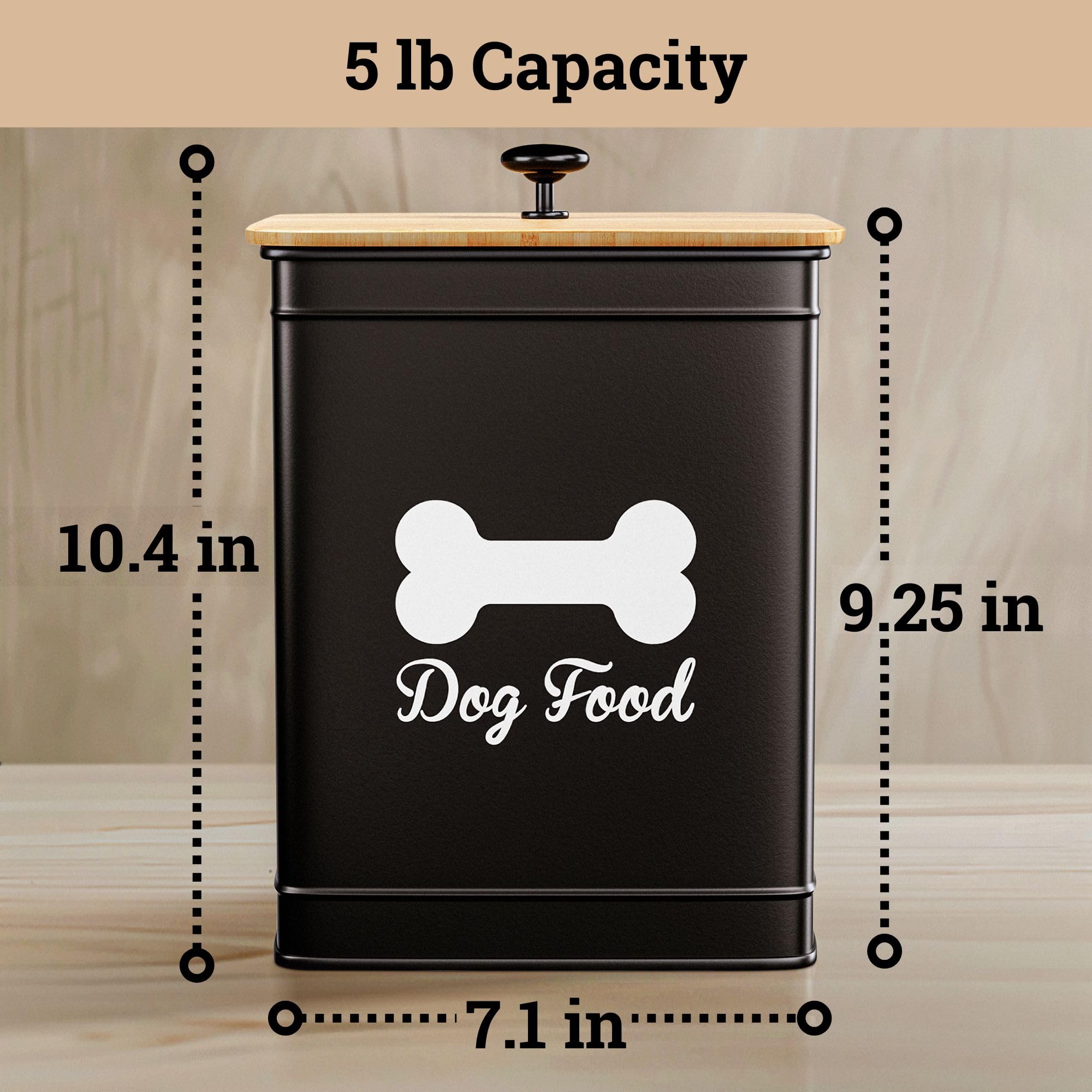 Dog Food Container Airtight 5-10 lb (25 Cup) Capacity - Cute Airtight Dog Food Storage Container with Bamboo Lid & Sturdy Metal