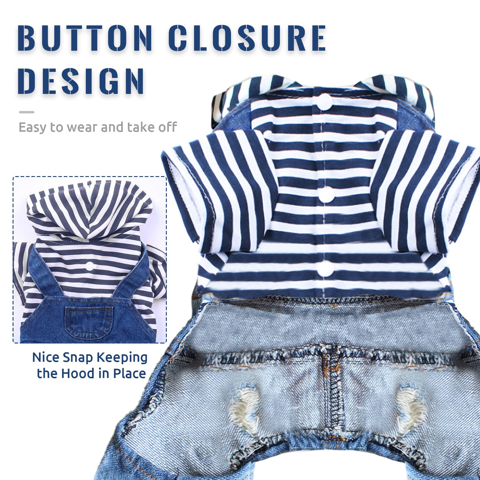 Doggyzstyle Small Dog Hoodie Clothes Cute Stripe Shirts Denim Jumpsuit One-Piece Outfit For Small Medium Dogs Cats Boy Girl Chih